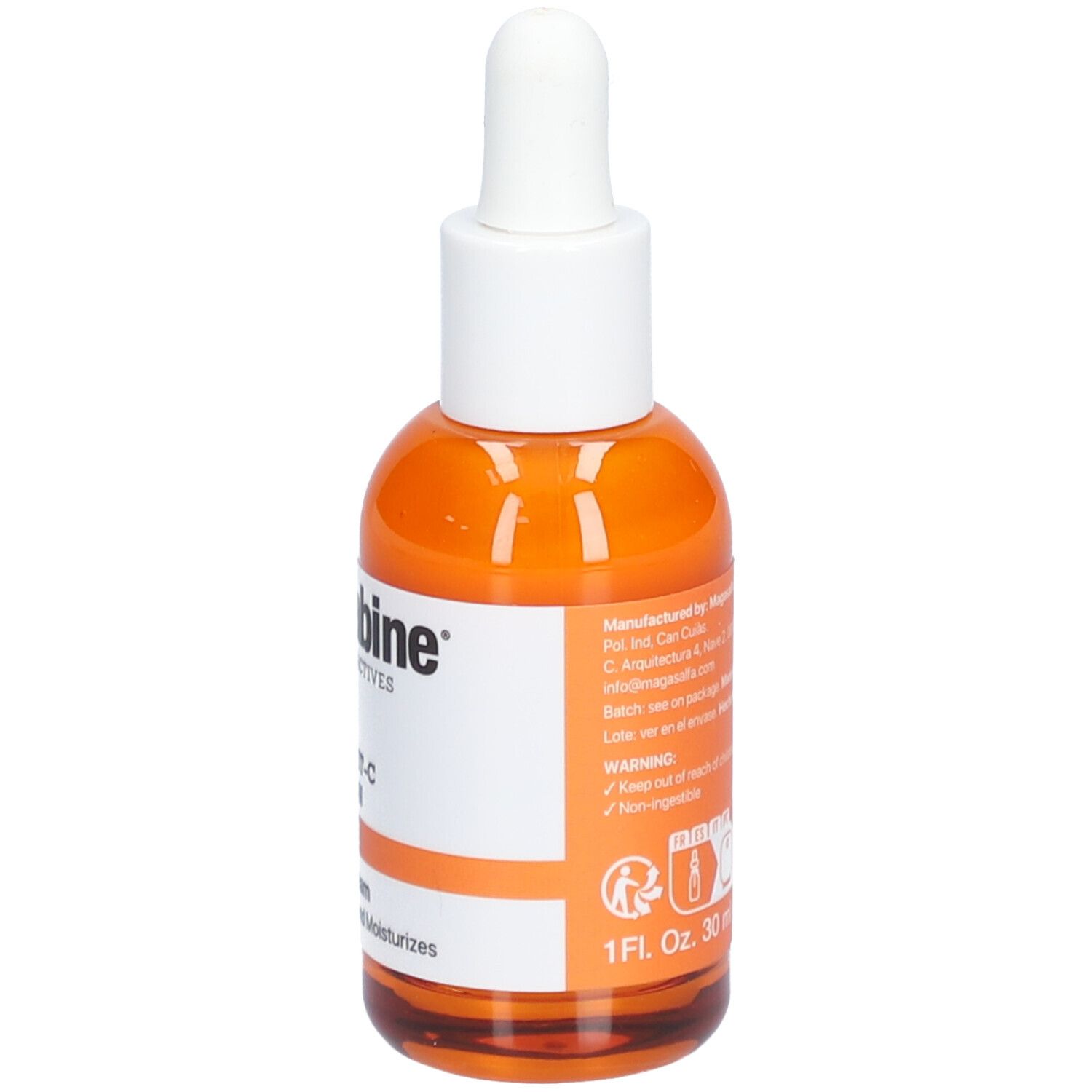 Rückseite einer orangefarbenen Flasche mit weißem Deckel. Text: LaCabine, 20% Super Vit-C Solution, 1 Fl. Oz. 30 ml.