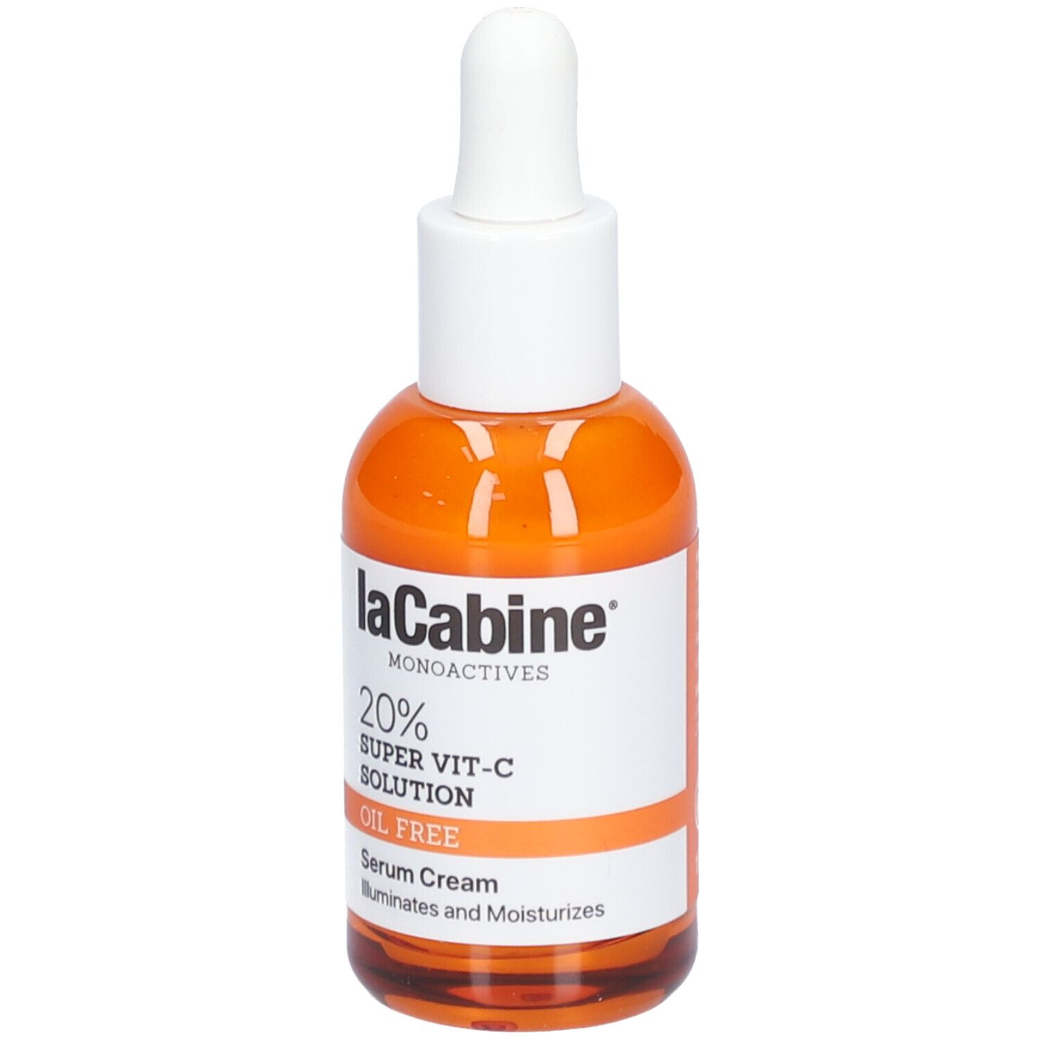 Orangefarbene Flasche mit weißem Deckel. Aufschrift: LaCabine, 20% Super Vit-C Solution, Oil Free, Serum Cream.