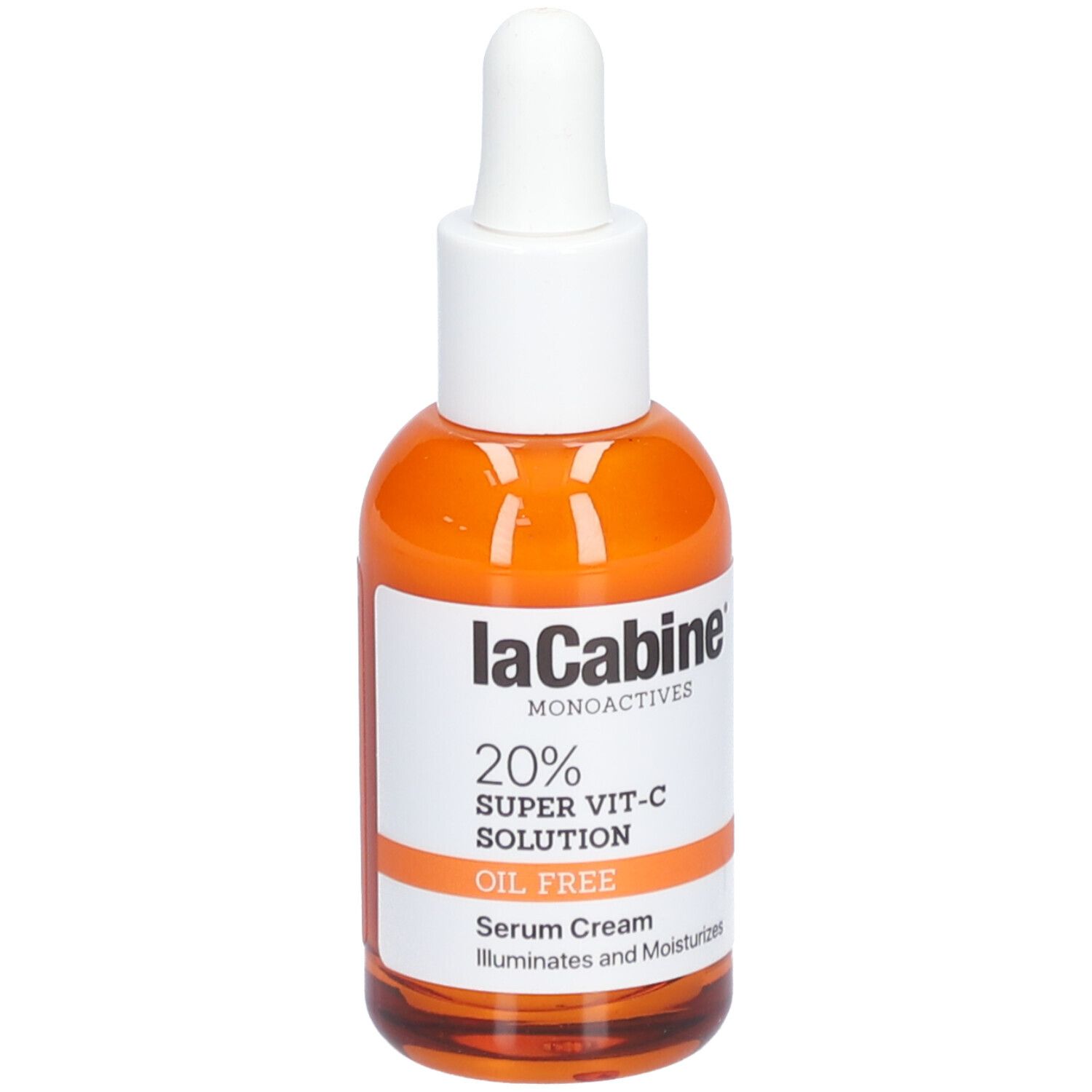 Orangefarbene Flasche mit weißem Deckel. Aufschrift: LaCabine, 20% Super Vit-C Solution, Oil Free, Serum Cream.