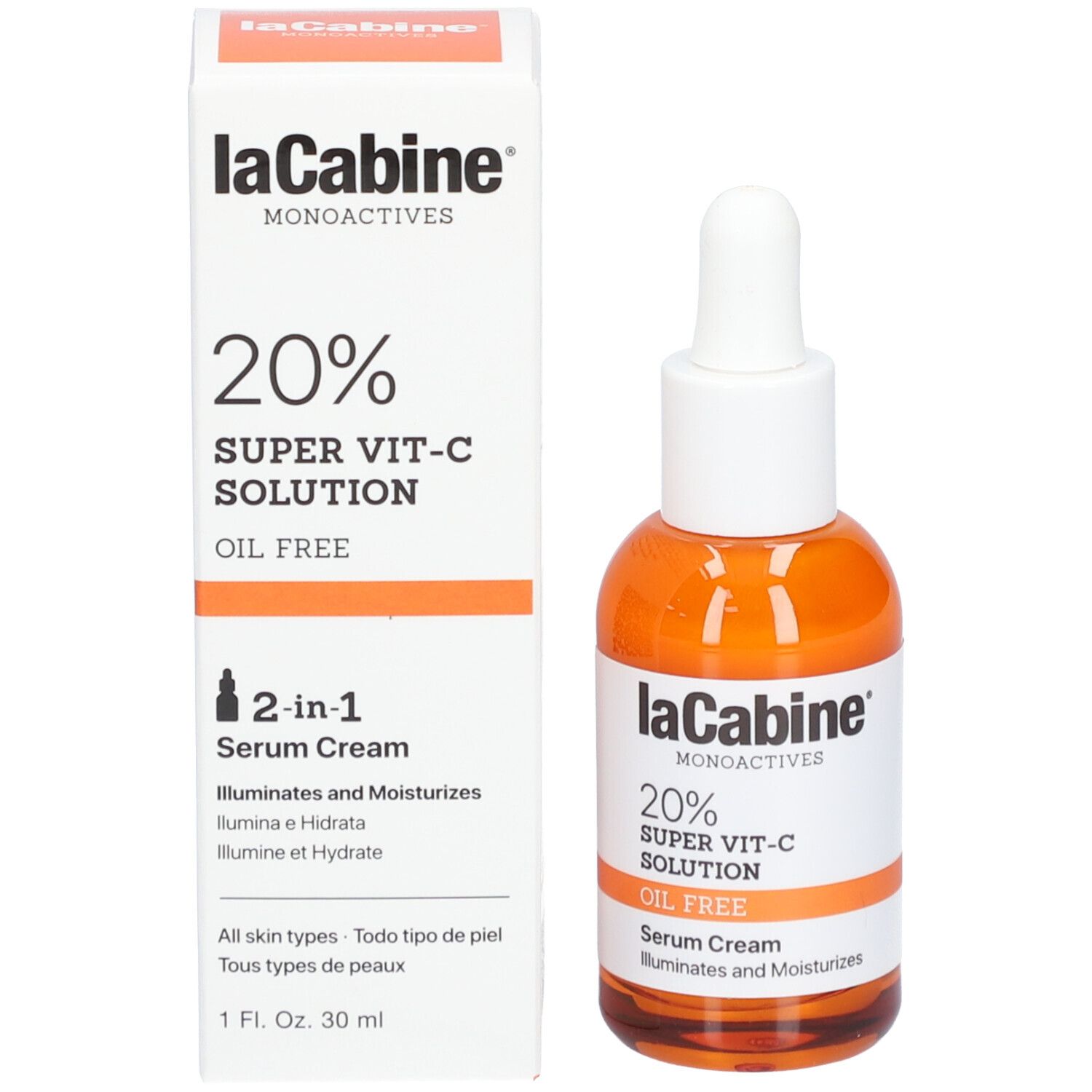 Produktverpackung und Flasche. Aufschrift: LaCabine, 20% Super Vit-C Solution, Oil Free, Serum Cream, 2-in-1.