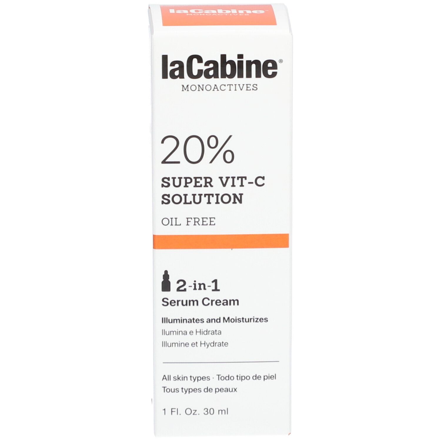 Produktverpackung. Aufschrift: LaCabine, 20% Super Vit-C Solution, Oil Free, Serum Cream, 2-in-1.