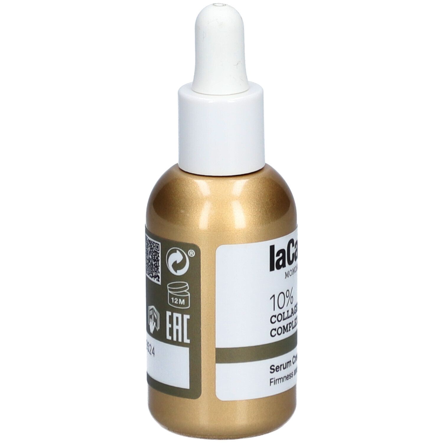 Goldfarbene Flasche mit weißem Deckel und Pipette. Beschriftung: LaCabine, 10% Collagen Complex, Serum Cream. Mit Etiketten.