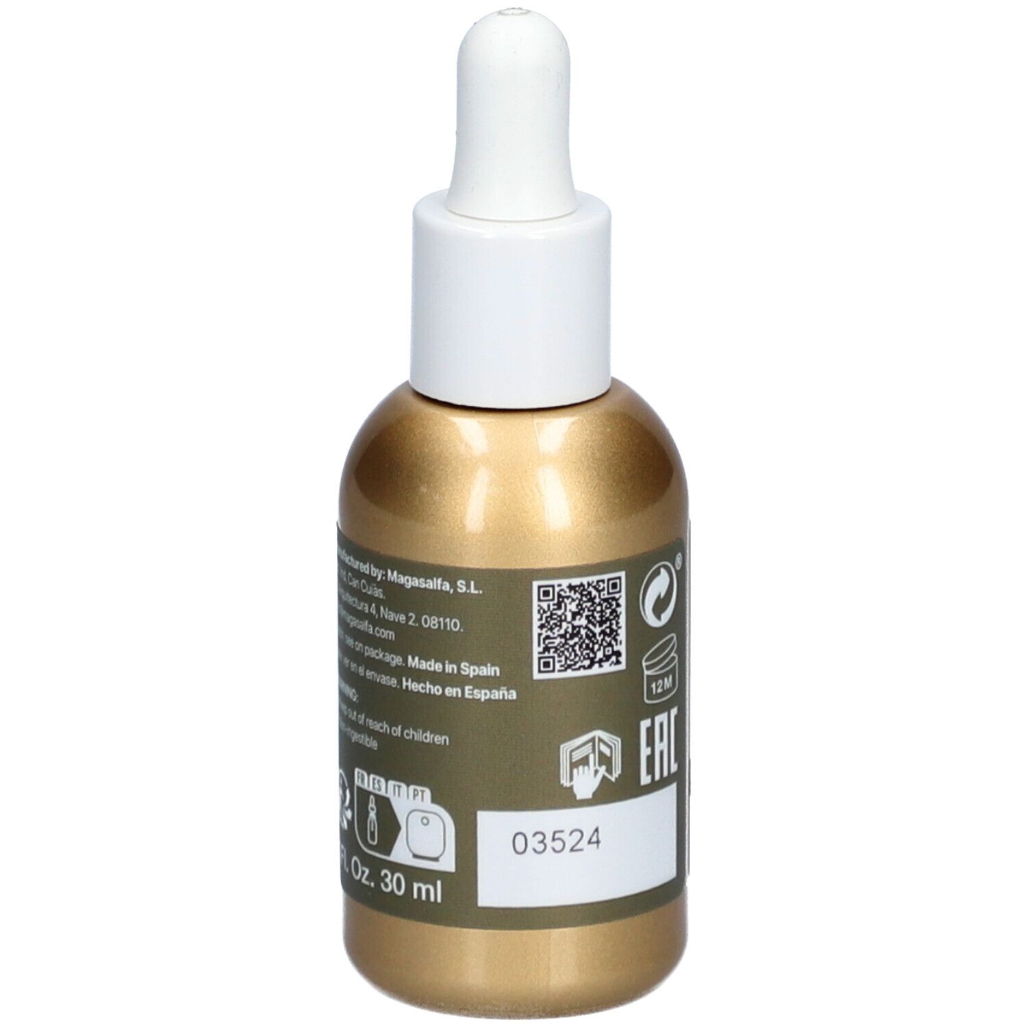 Goldfarbene Flasche mit weißem Deckel und Pipette. Beschriftung: LaCabine, 10% Collagen Complex, Serum Cream. Mit Etiketten.