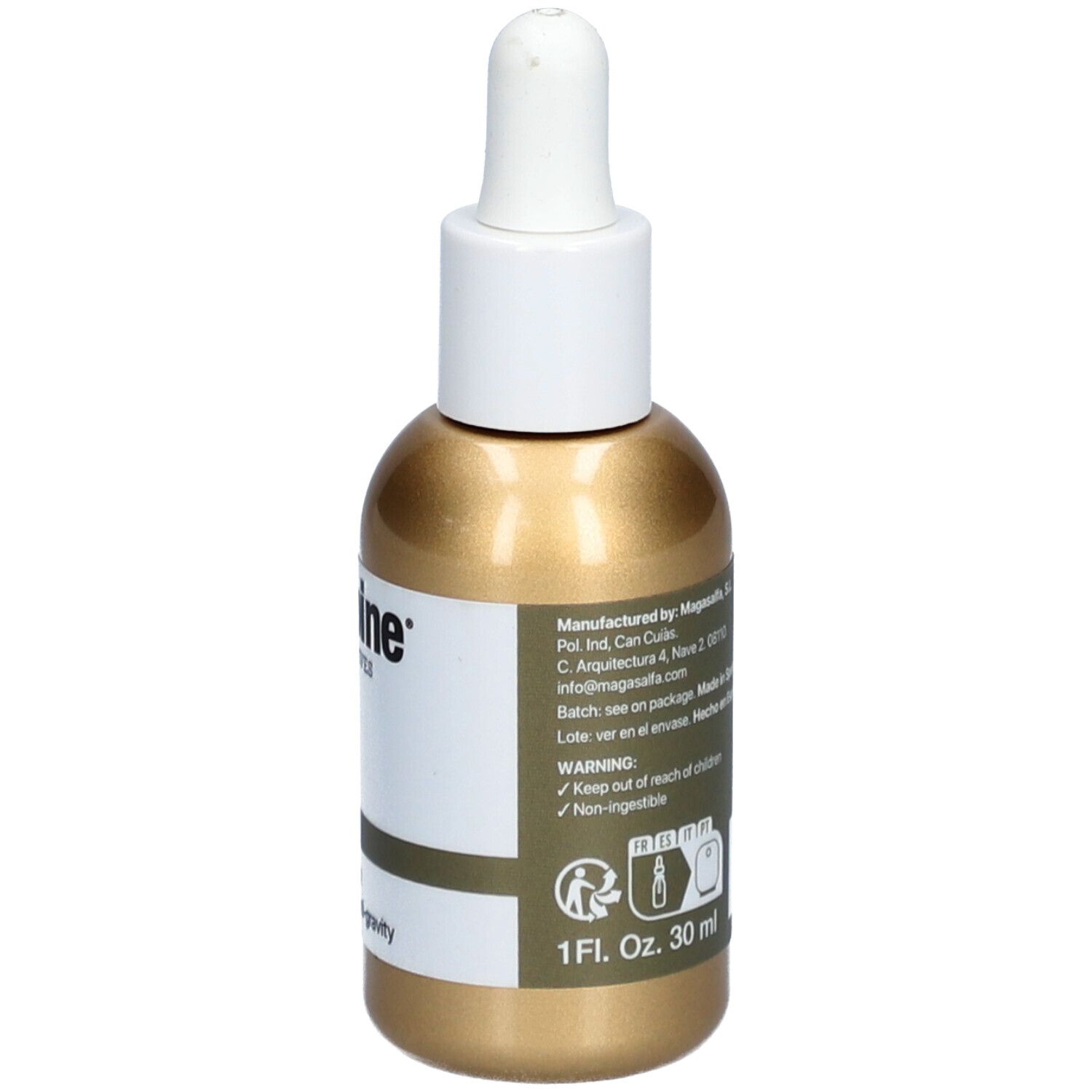 Goldfarbene Flasche mit weißem Deckel und Pipette. Beschriftung: LaCabine, 10% Collagen Complex, Serum Cream. Mit Etiketten.