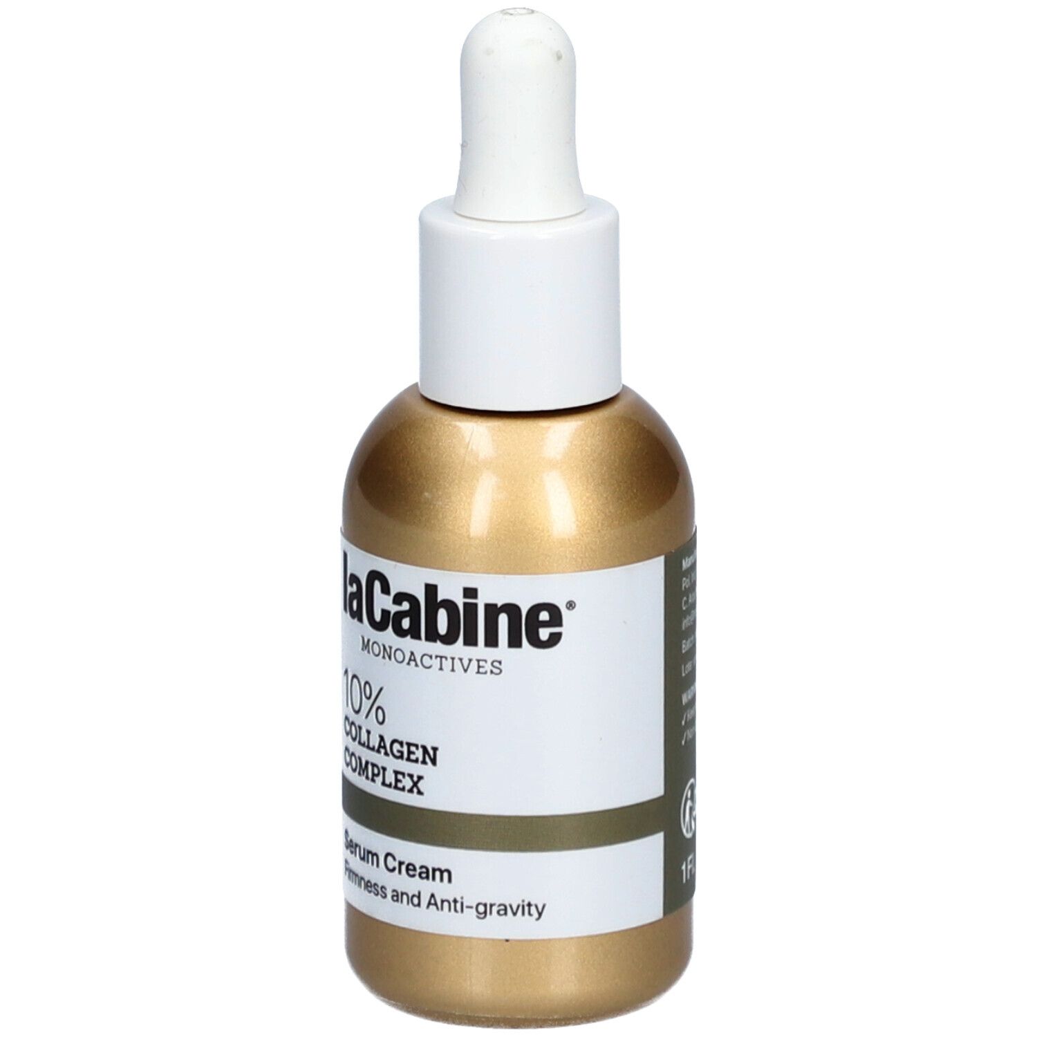 Goldfarbene Flasche mit weißem Deckel und Pipette. Beschriftung: LaCabine, 10% Collagen Complex, Serum Cream. Mit Etiketten.