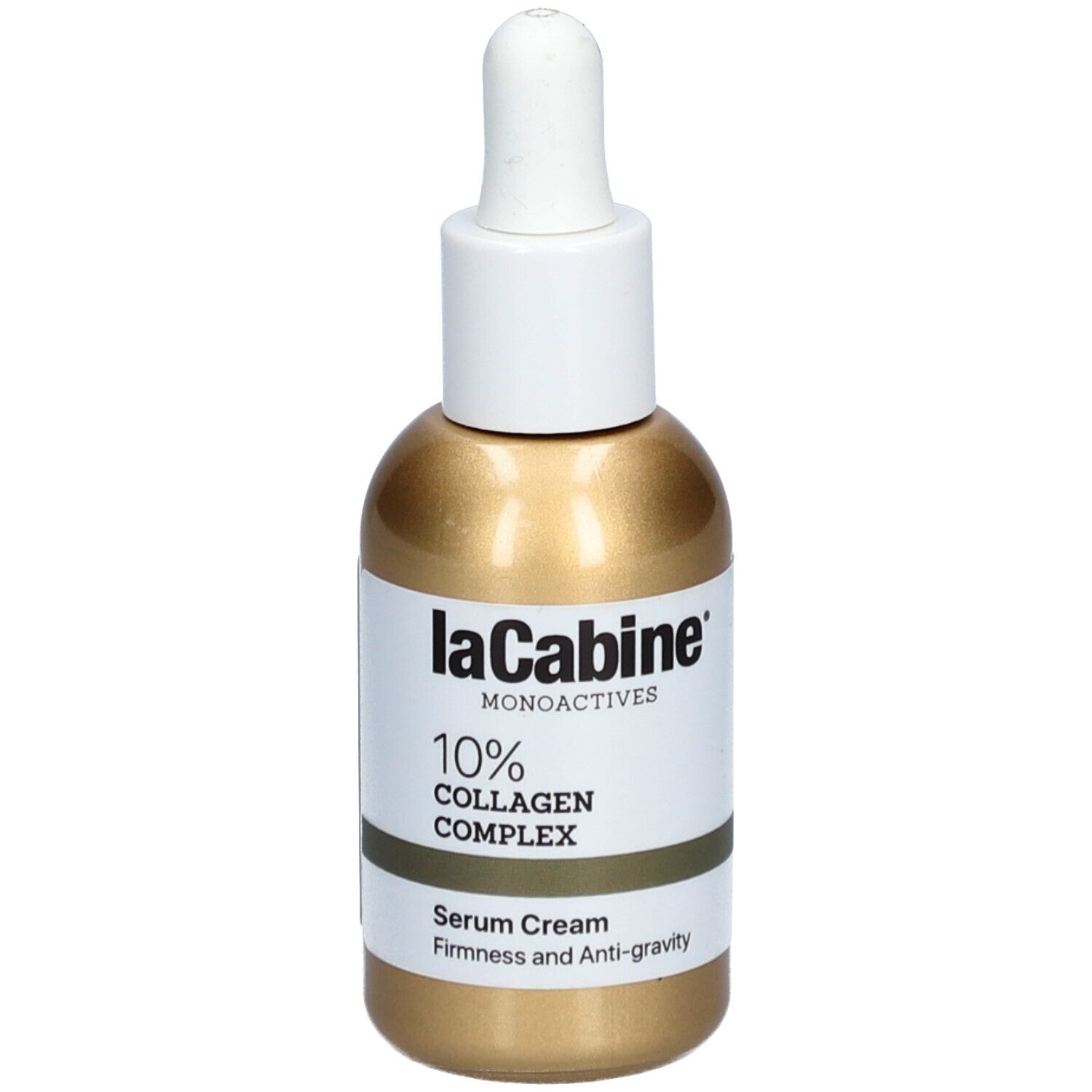 Goldfarbene Flasche mit weißem Deckel und Pipette. Beschriftung: LaCabine, 10% Collagen Complex, Serum Cream. Mit Etiketten.
