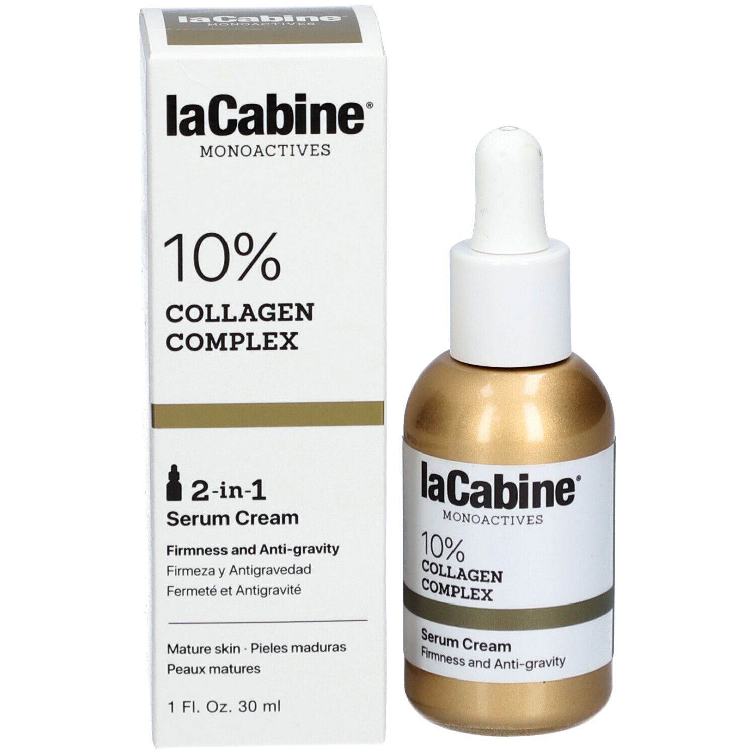 Produktflasche und Verpackung. Goldfarbene Flasche mit weißem Deckel und Pipette. Beschriftung: LaCabine, 10% Collagen Complex, Serum Cream.
