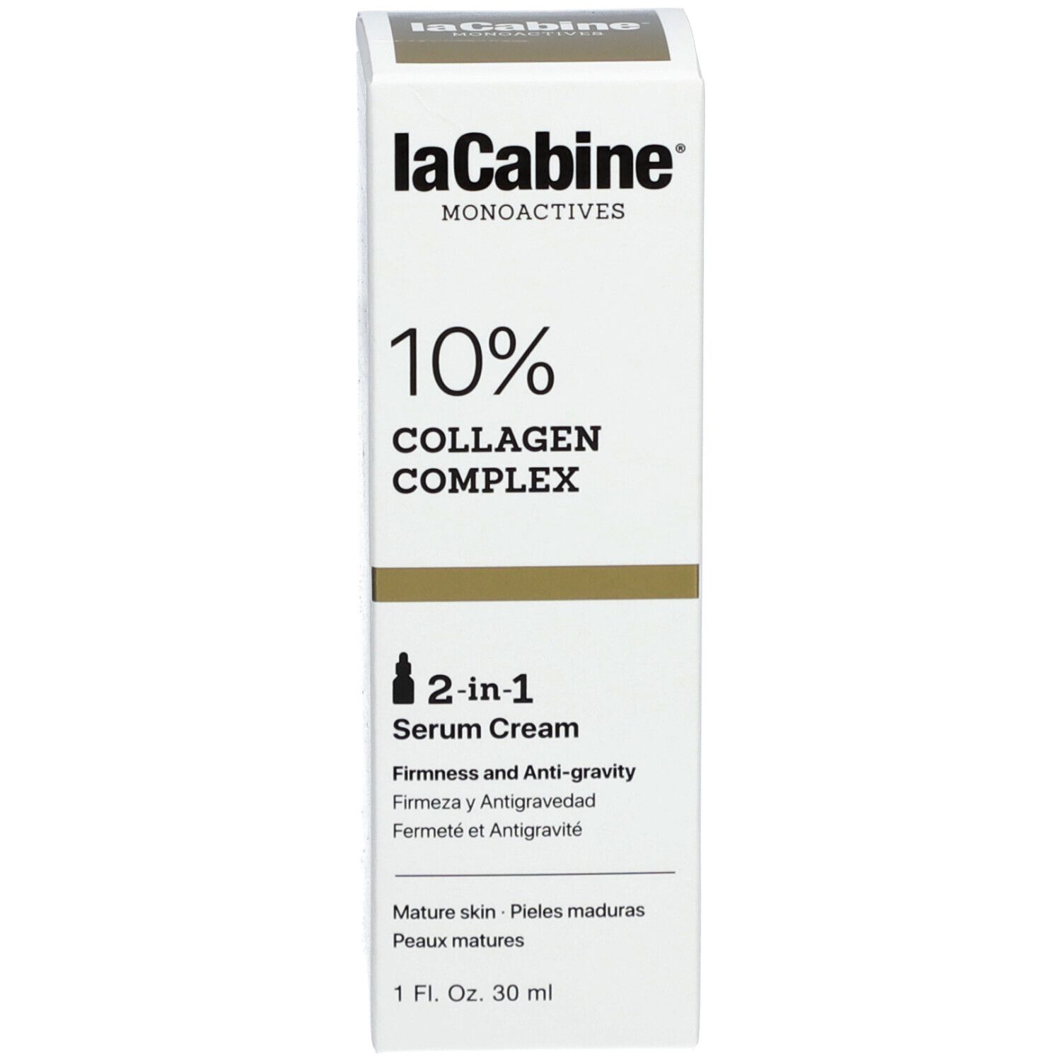 Produktverpackung. Beschriftung: LaCabine, 10% Collagen Complex, Serum Cream. Für reife Haut.