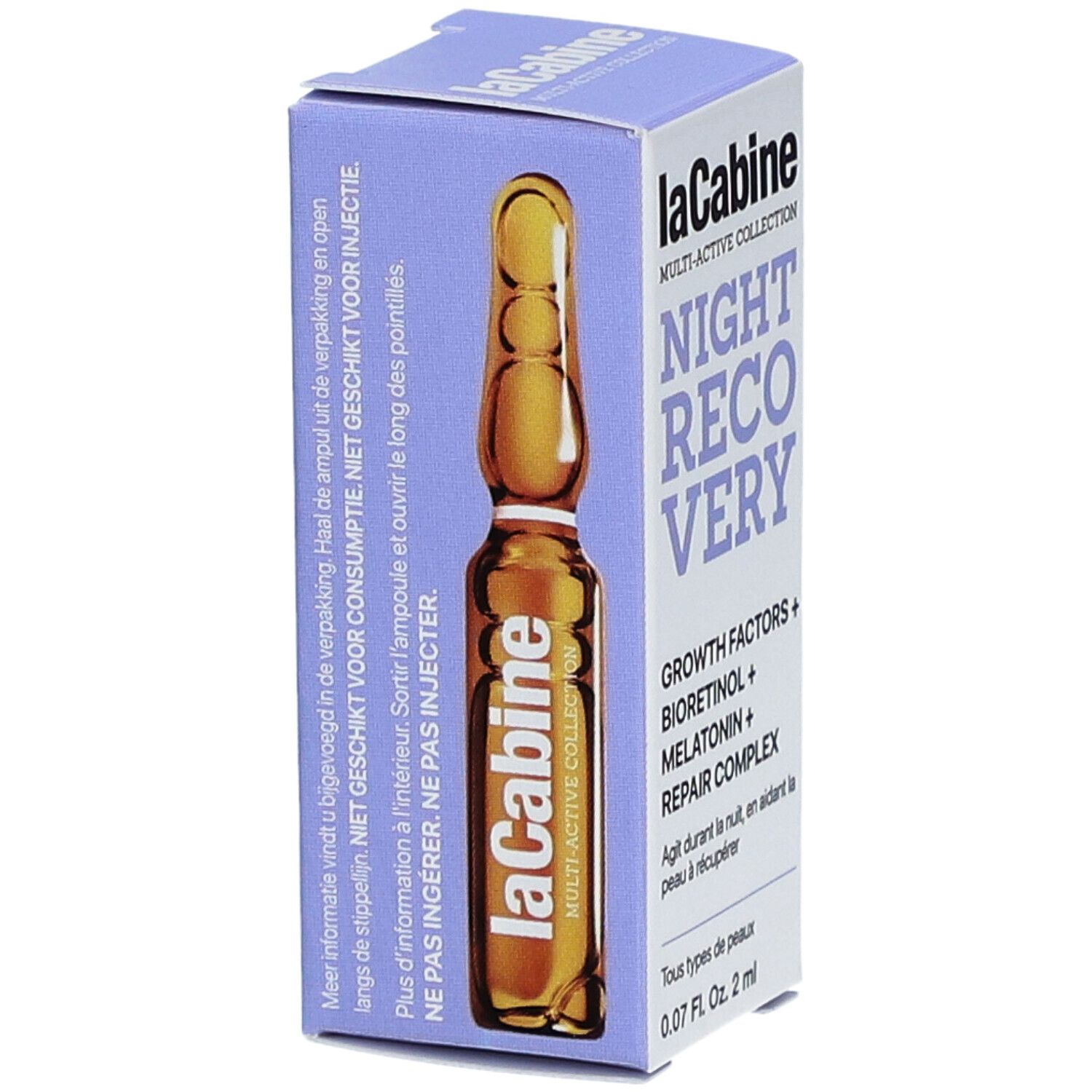 Ampoule de produit dans l'emballage. Inscription : LaCabine, Night Recovery, Growth Factors, Bioretinol, Melatonin, Repair Complex.