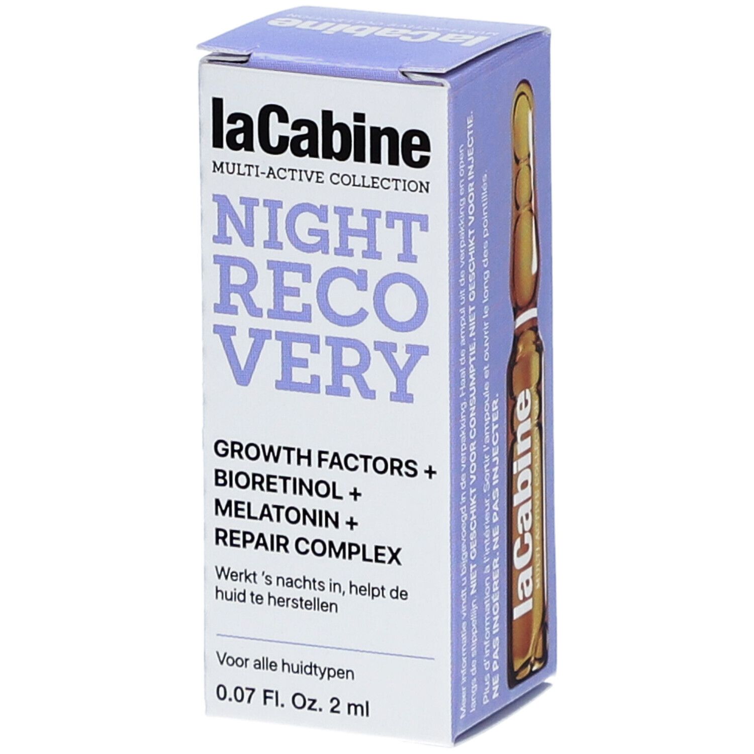 Ampoule de produit dans l'emballage. Inscription : LaCabine, Night Recovery, Growth Factors, Bioretinol, Melatonin, Repair Complex.