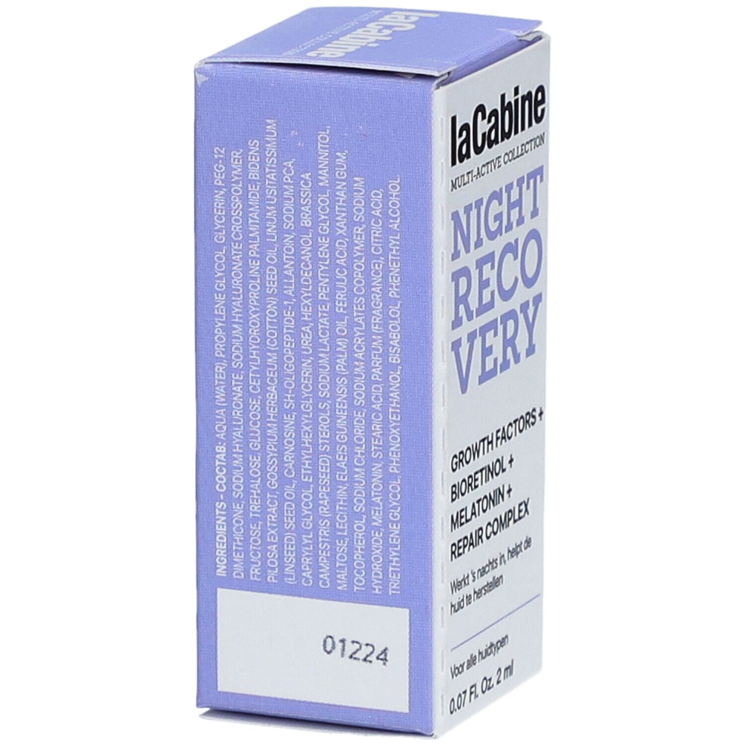 Boîte avec ingrédients et nom du produit. Inscription : Night Recovery, Growth Factors, Bioretinol, Melatonin, Repair Complex.