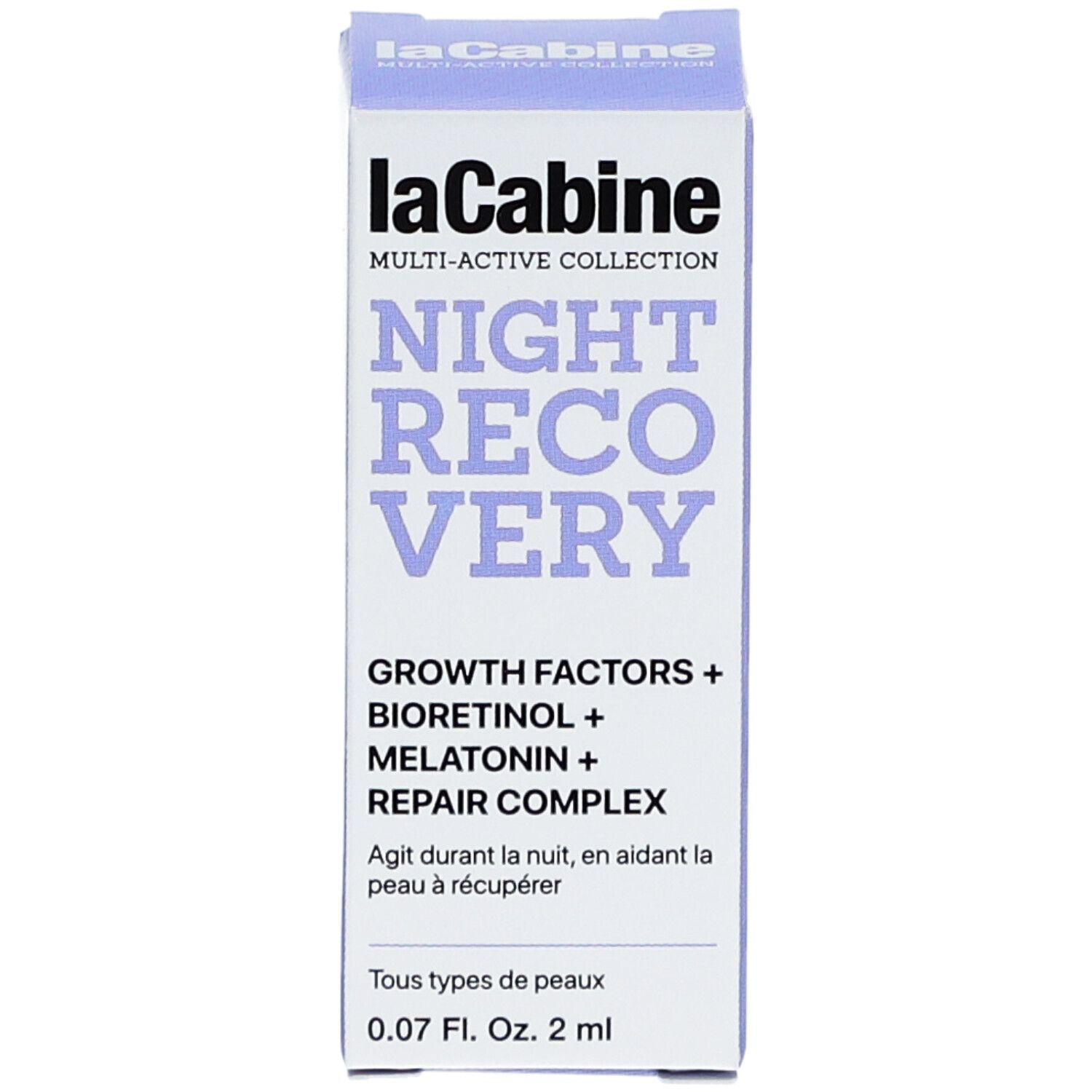 Boîte avec nom du produit. Inscription : Night Recovery, Growth Factors, Bioretinol, Melatonin, Repair Complex.
