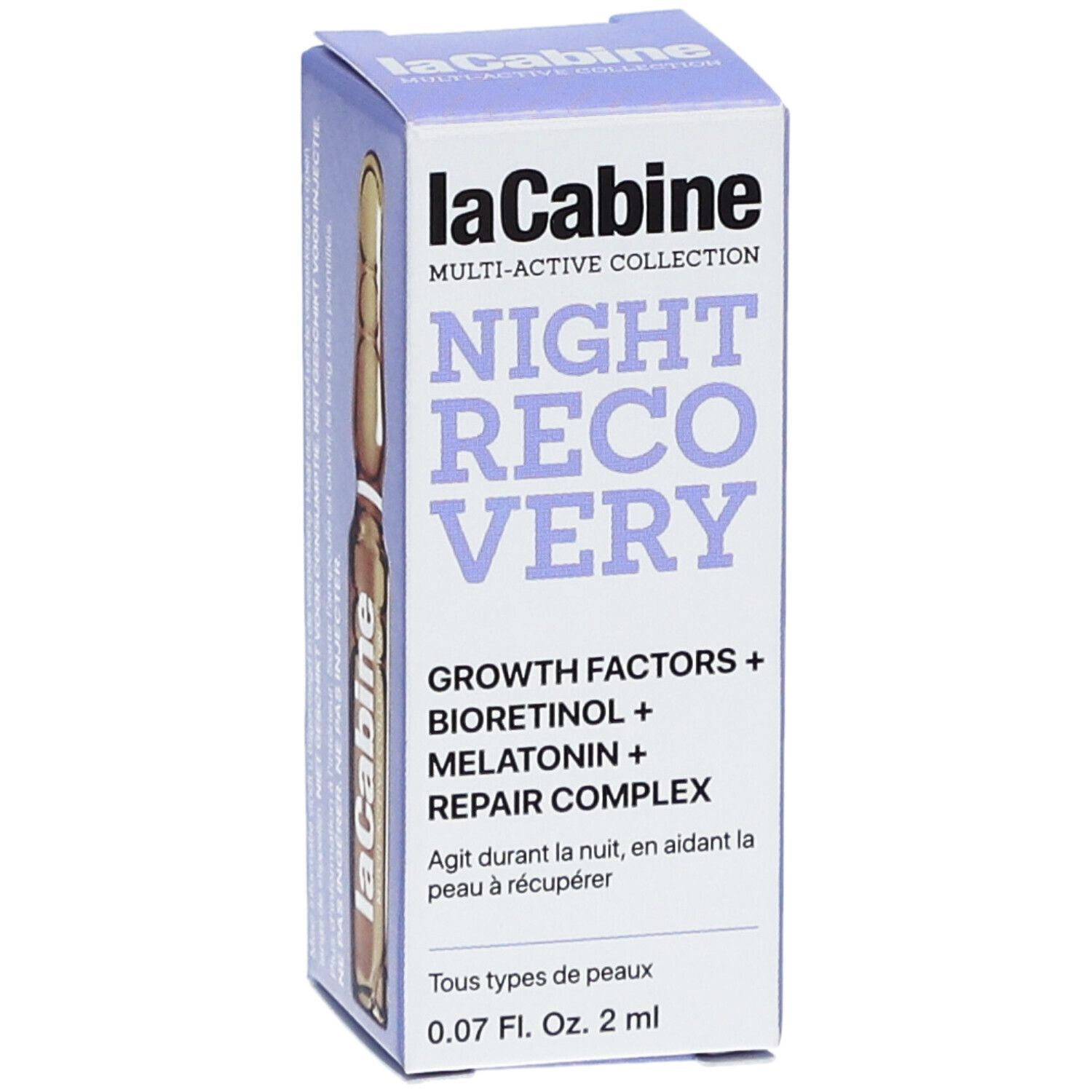 Ampoule de produit dans l'emballage. Inscription : LaCabine, Night Recovery, Growth Factors, Bioretinol, Melatonin, Repair Complex.