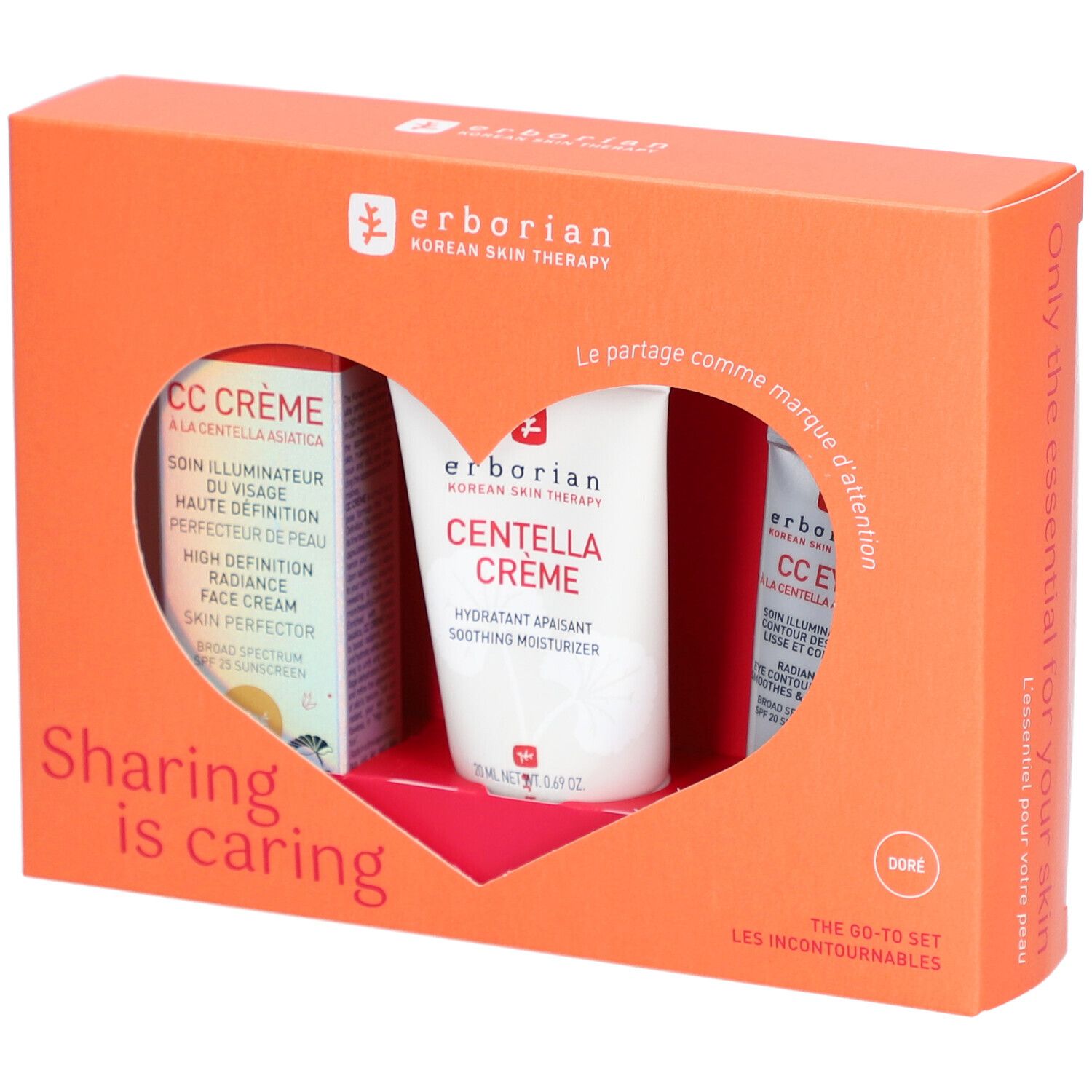 Oranje geschenkverpakking met drie producten. Zichtbaar: CC Crème, Centella Crème en CC Eye. Tekst: Erborian, Sharing is caring.