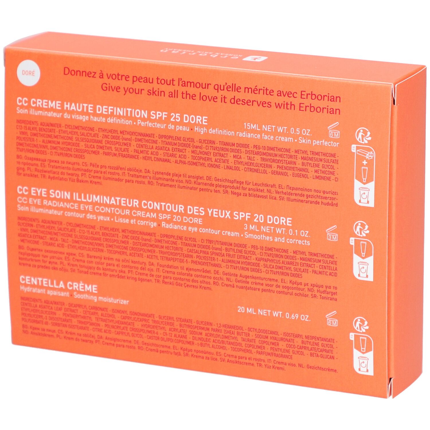Oranje doos met productinformatie. Tekst: CC Crème, CC Eye, Centella Crème. Merk: Erborian. Productnamen en ingrediënten.