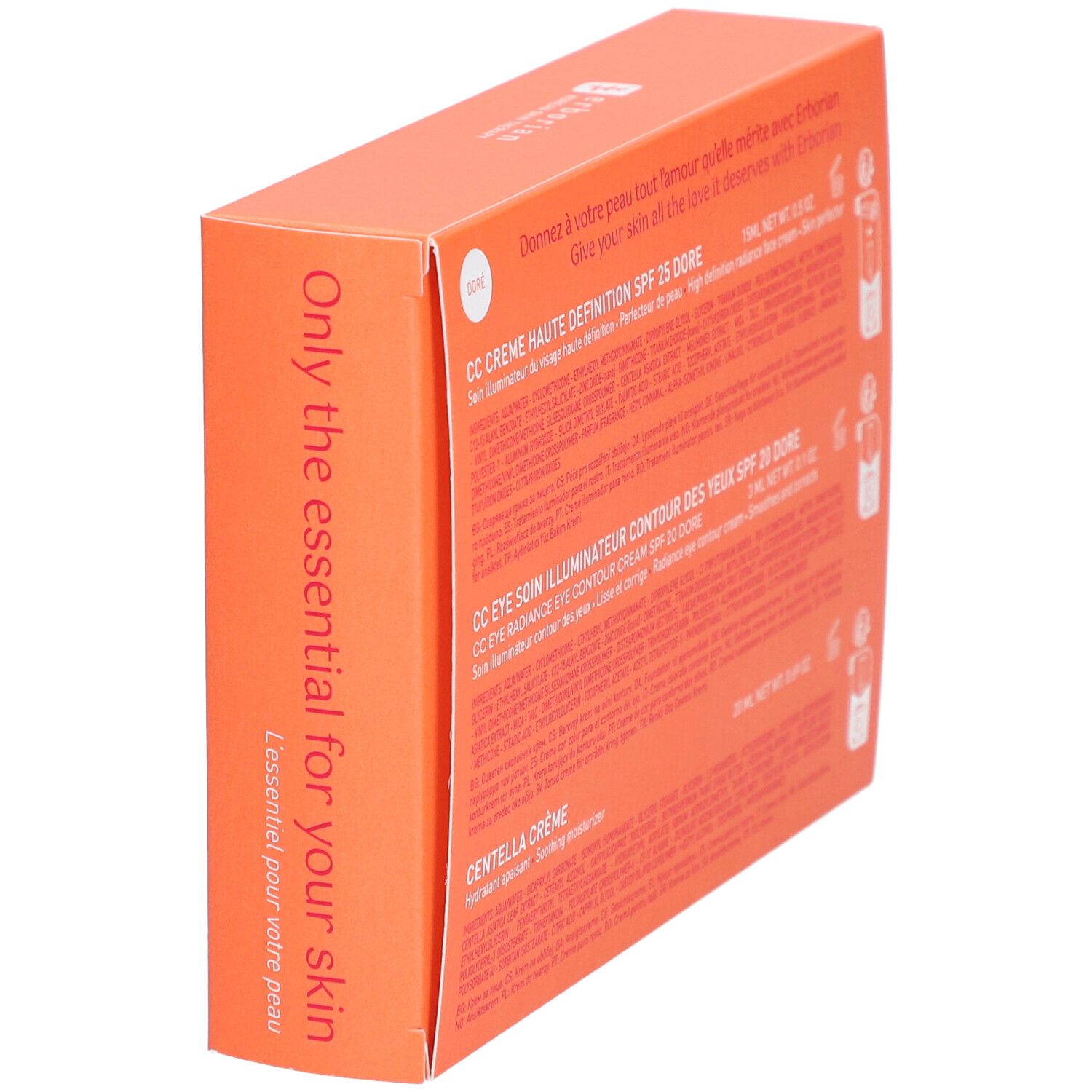 Oranje doos met tekst. Tekst: Only the essential for your skin. Merk: Erborian. Productnamen en ingrediënten.