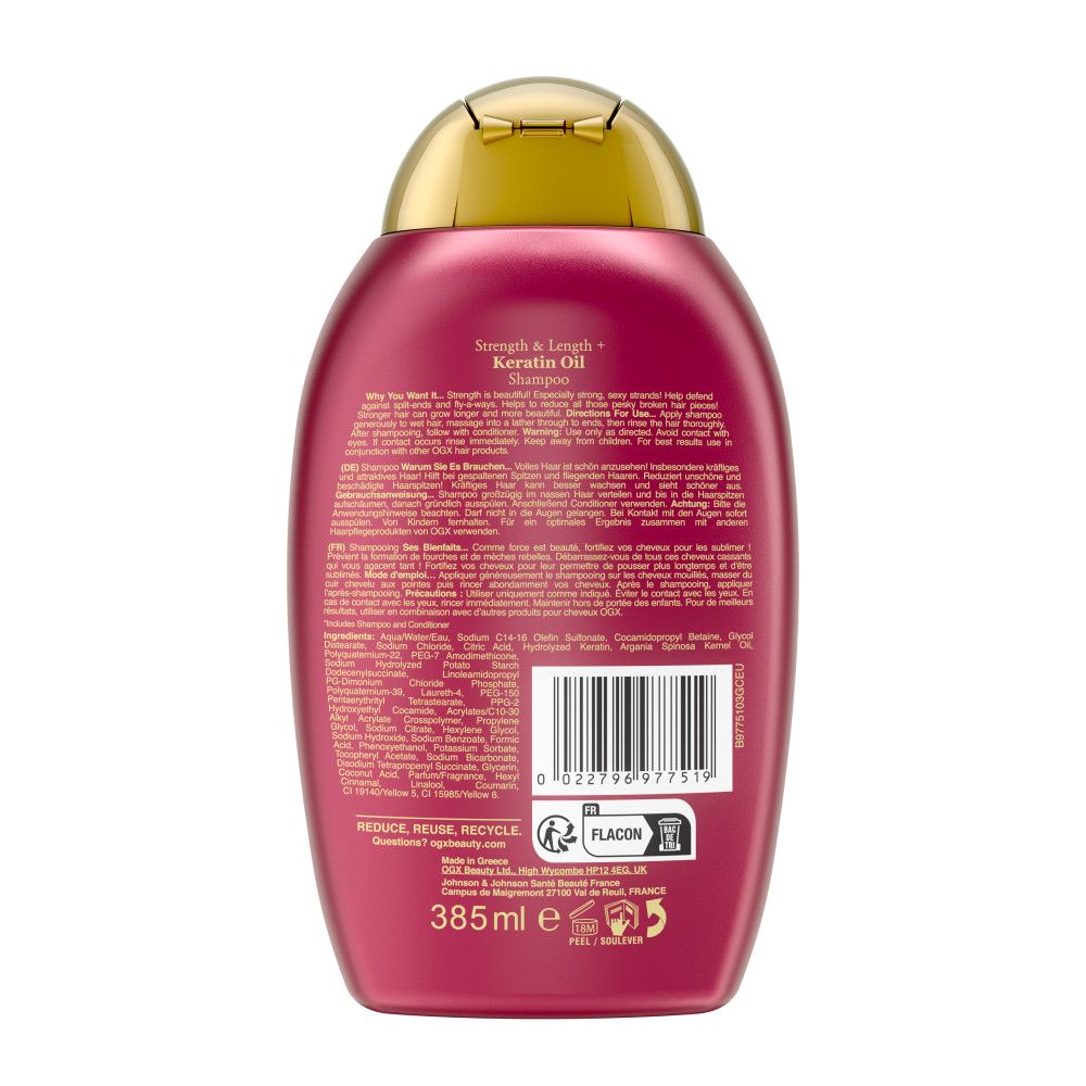 Rückseite einer roten Shampoo-Flasche. Text und Barcode. 385 ml.