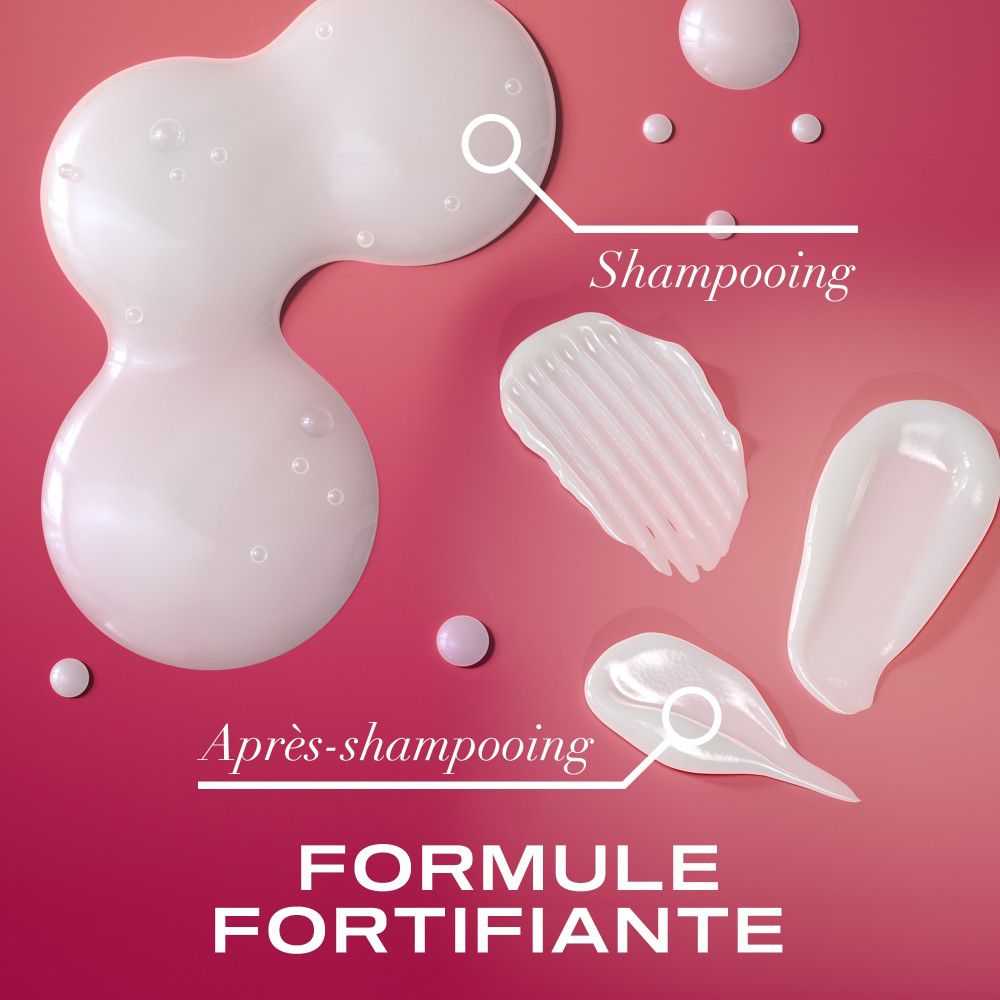 Abbildung von Shampoo- und Spülungs-Texturen. Text: Formel, Shampooing, Après-shampooing.