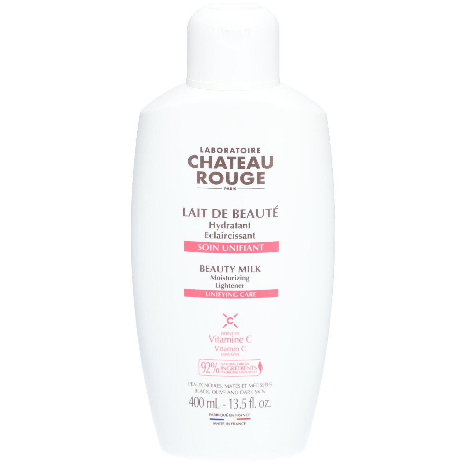 Flacon blanc avec étiquette. Laboratoire Château Rouge Lait de Beauté. Texte: Hydratant Éclaircissant Soin Unifiant. 400 ml.