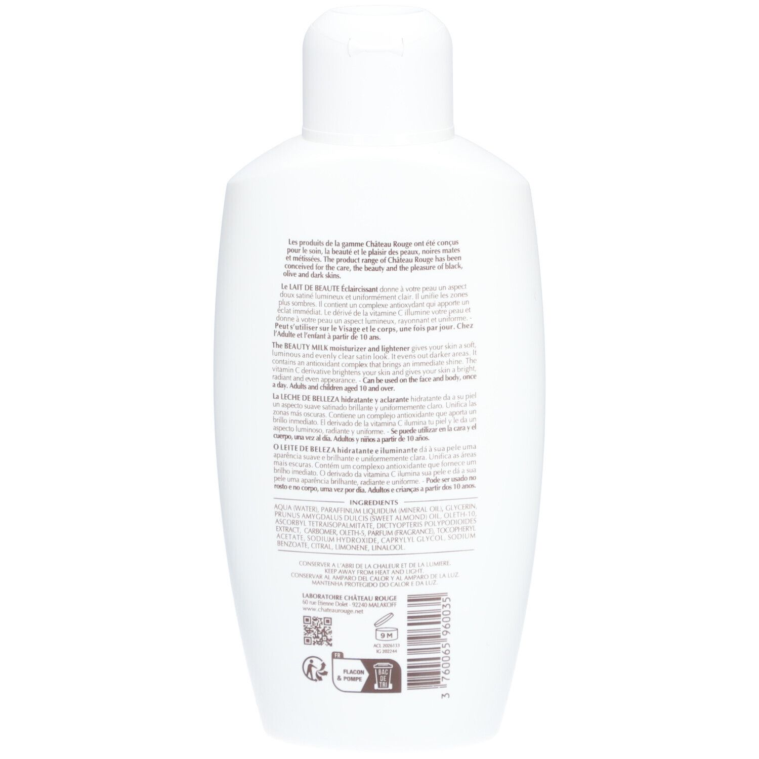 Dos du flacon blanc. Informations textuelles et ingrédients. Laboratoire Château Rouge. Code QR et symbole de recyclage.
