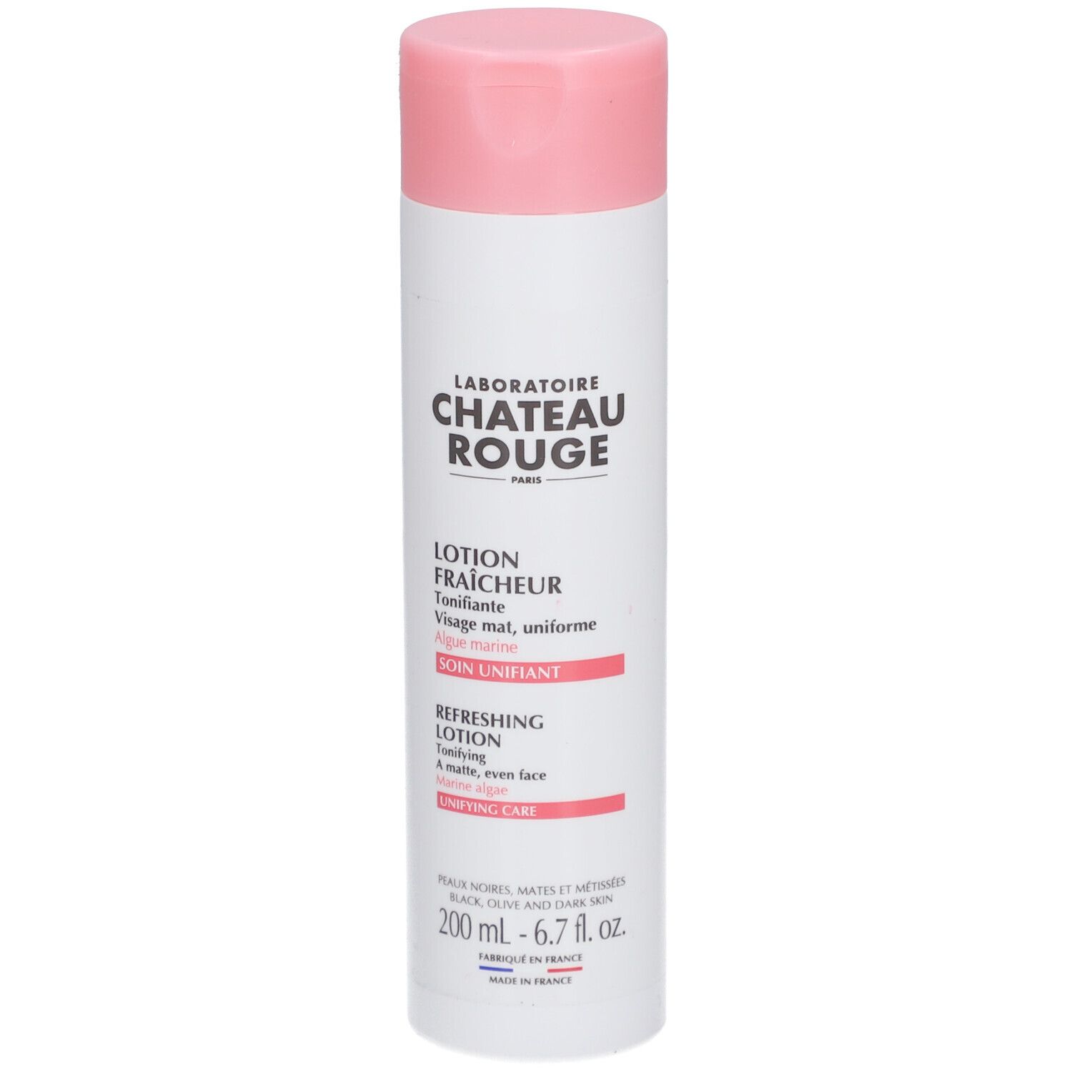 Witte fles met roze dop. Opschrift: LABORATOIRE CHATEAU ROUGE. Lotion Fraicheur Tonifiante. 200 ml.