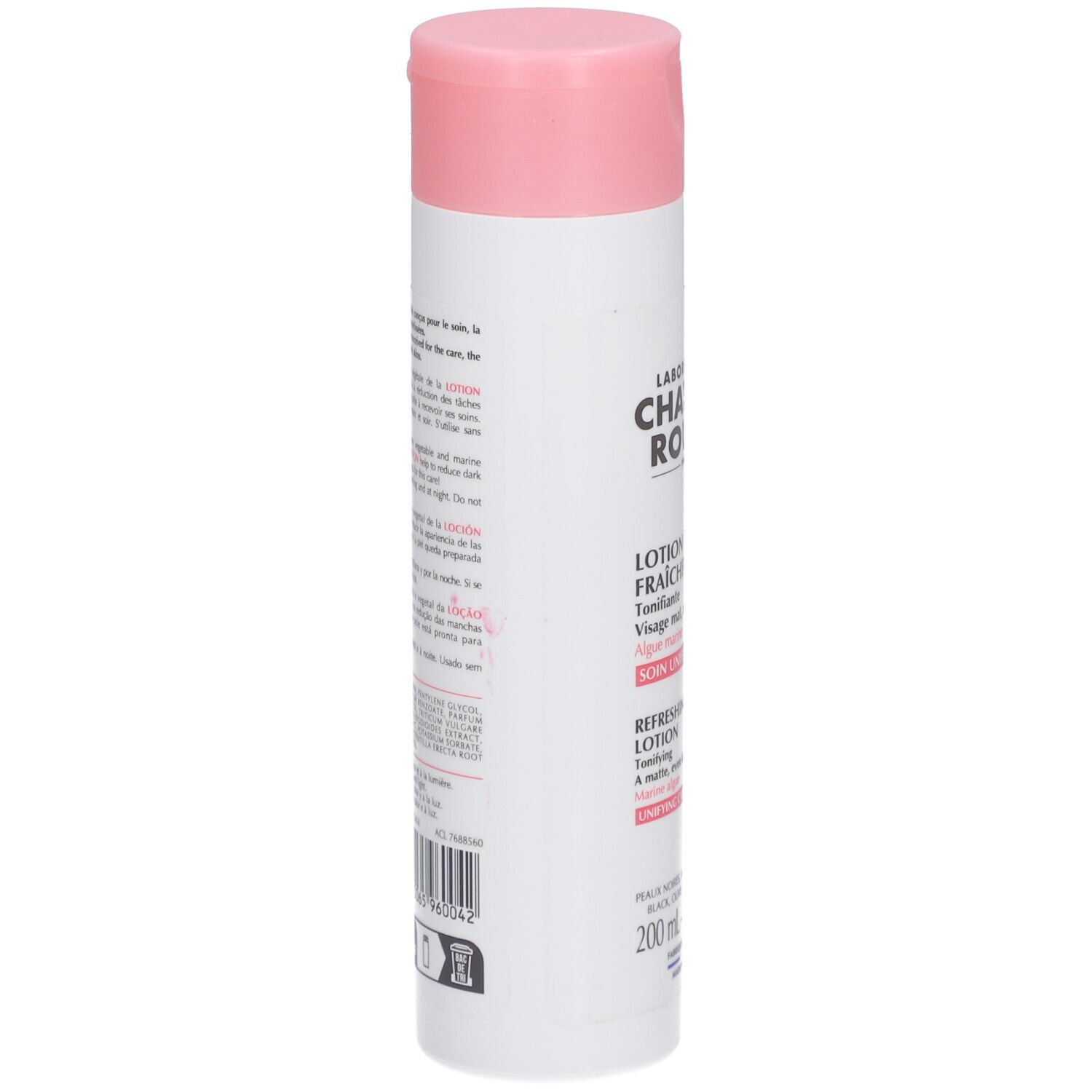 Witte fles met roze dop. Achterkant met tekst en barcode. 200 ml.