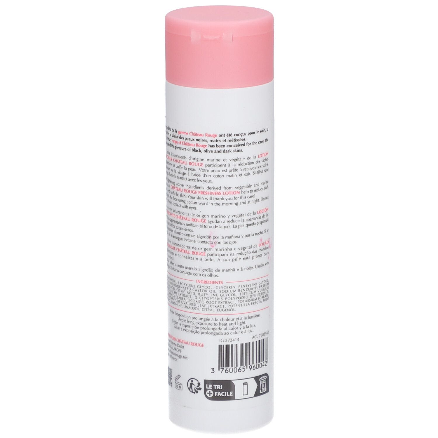 Witte fles met roze dop. Achterkant met tekst. 200 ml.