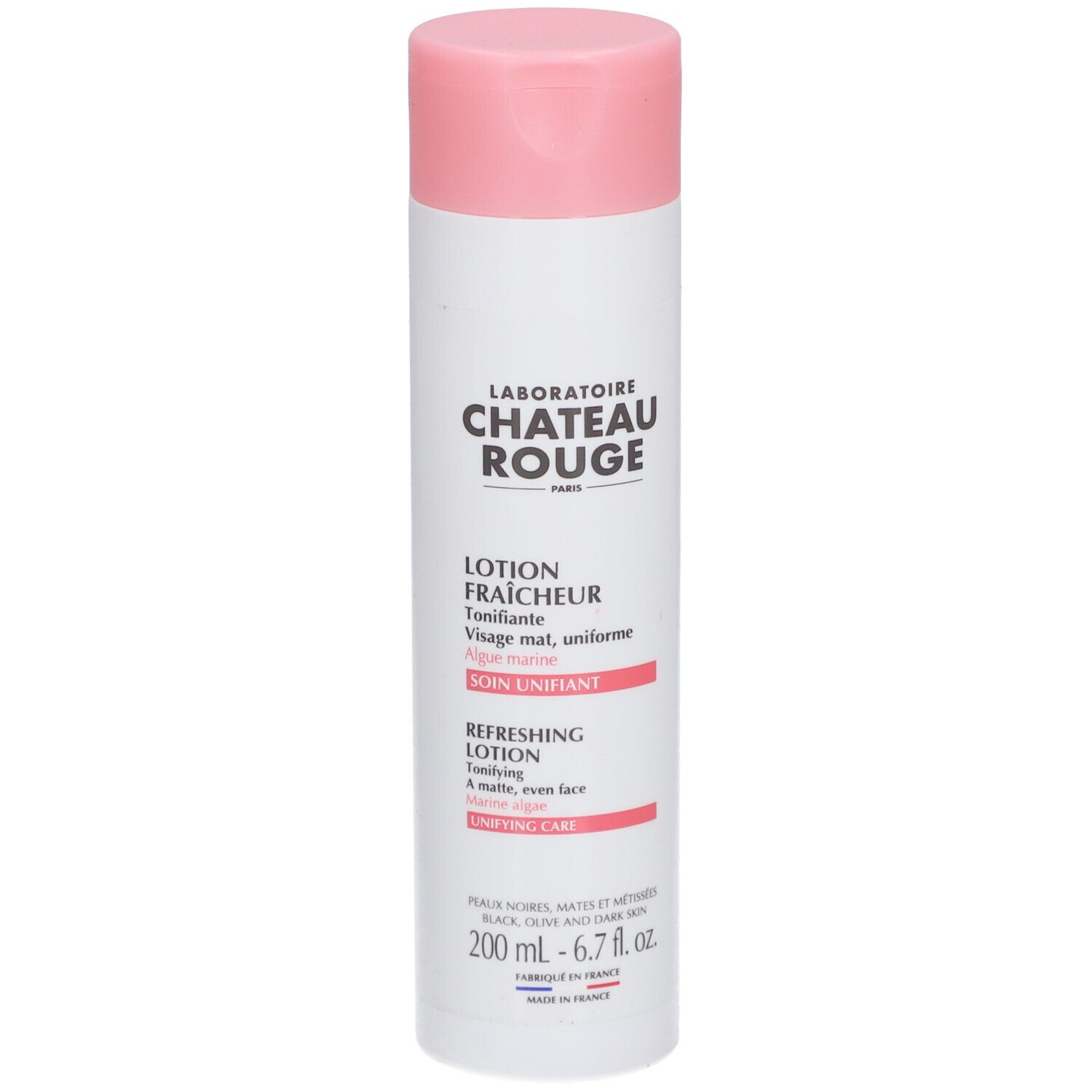 Witte fles met roze dop. Opschrift: LABORATOIRE CHATEAU ROUGE. Lotion Fraicheur Tonifiante. 200 ml.