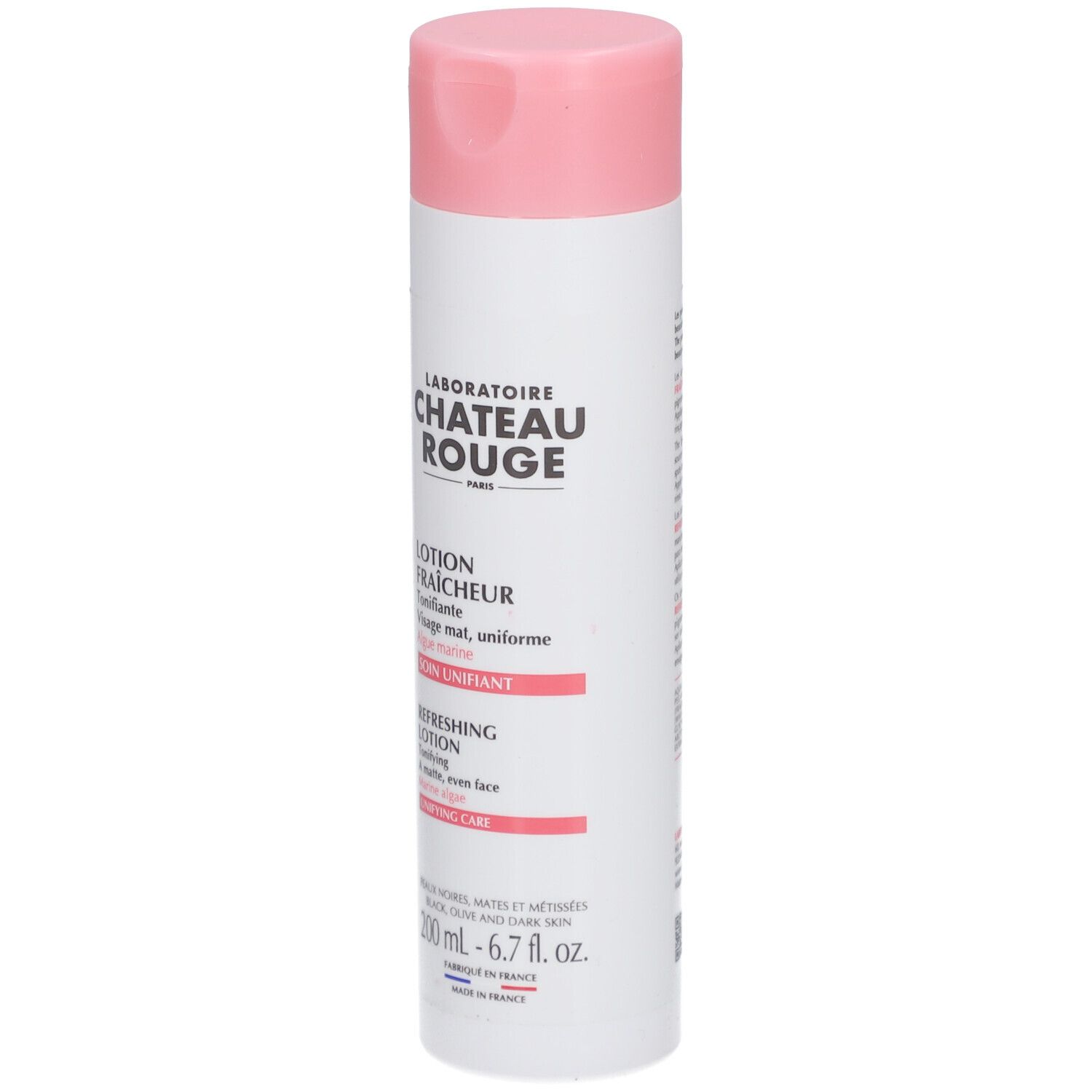 Witte fles met roze dop. Opschrift: LABORATOIRE CHATEAU ROUGE. Lotion Fraicheur Tonifiante. 200 ml.
