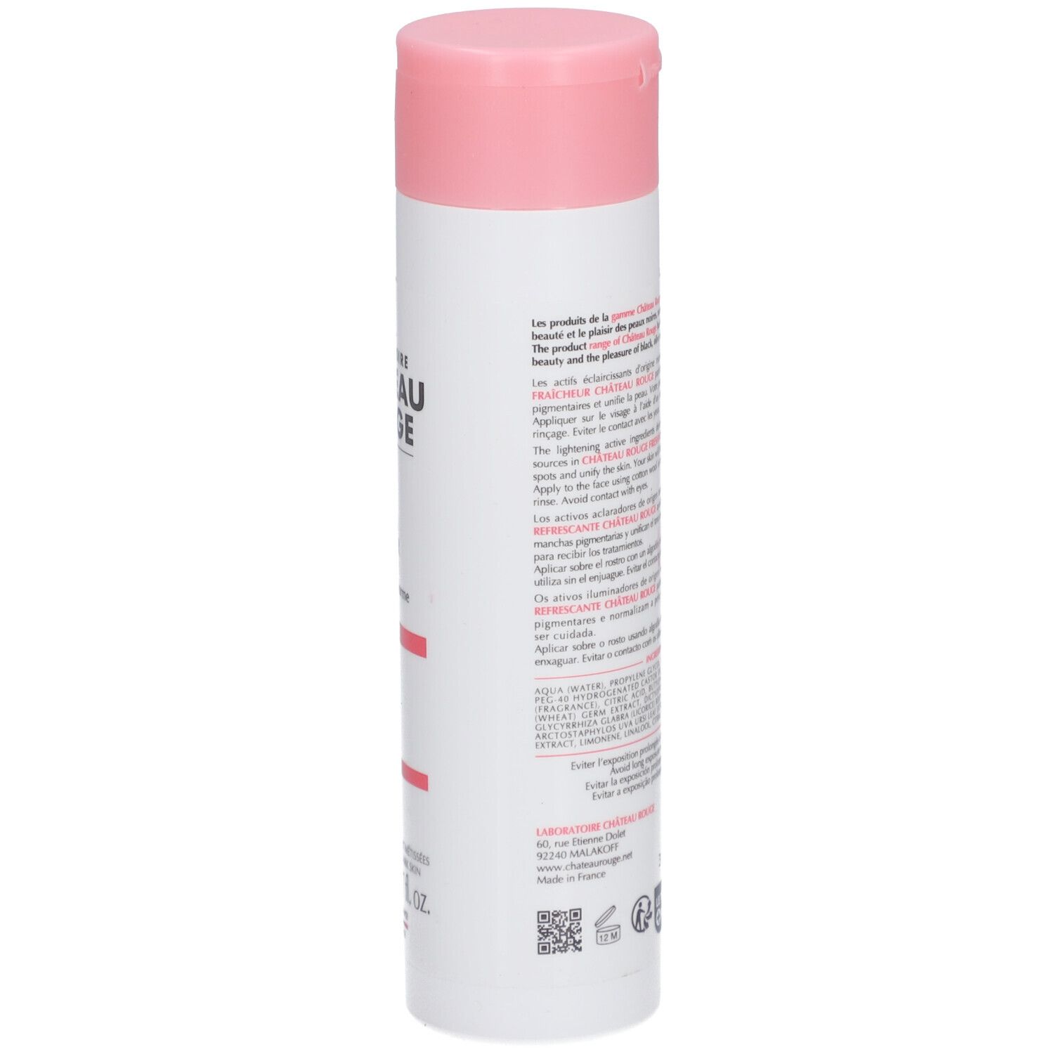 Witte fles met roze dop. Achterkant met tekst. 200 ml.