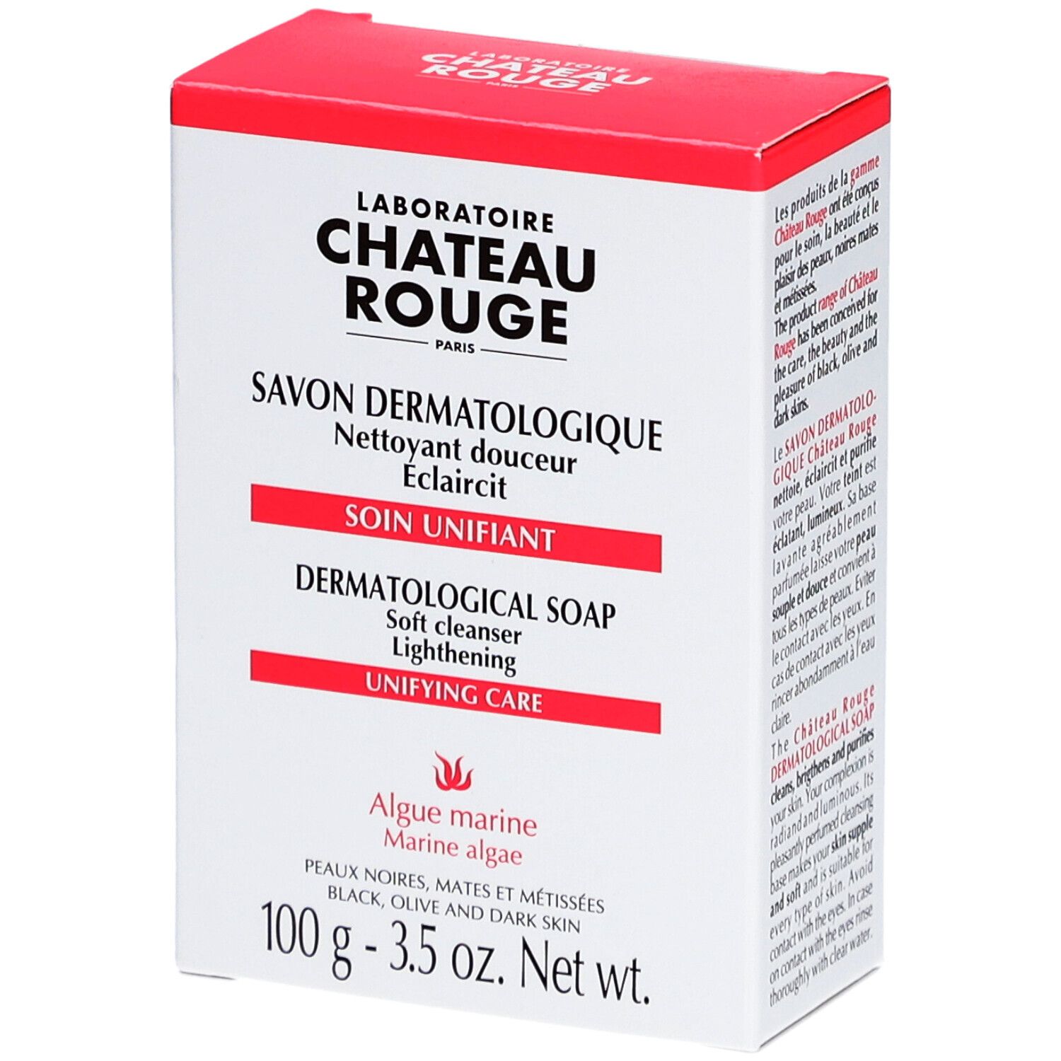Boîte blanche et rouge. Inscription: LABORATOIRE CHÂTEAU ROUGE, SAVON DERMATOLOGIQUE, dermatologische Seife, 100g.