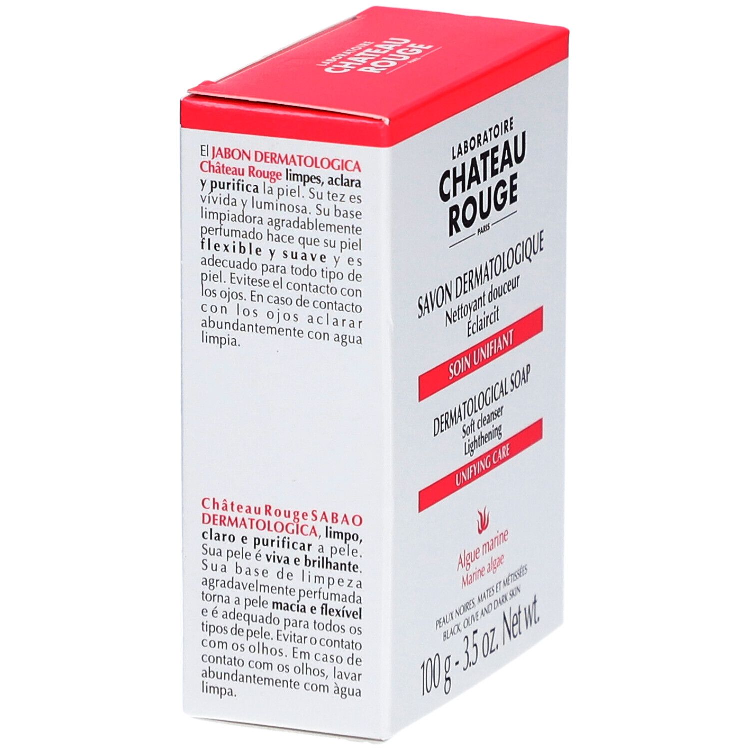Vue oblique d'une boîte blanche et rouge. Texte: LABORATOIRE CHÂTEAU ROUGE, SAVON DERMATOLOGIQUE, dermatologische Seife.