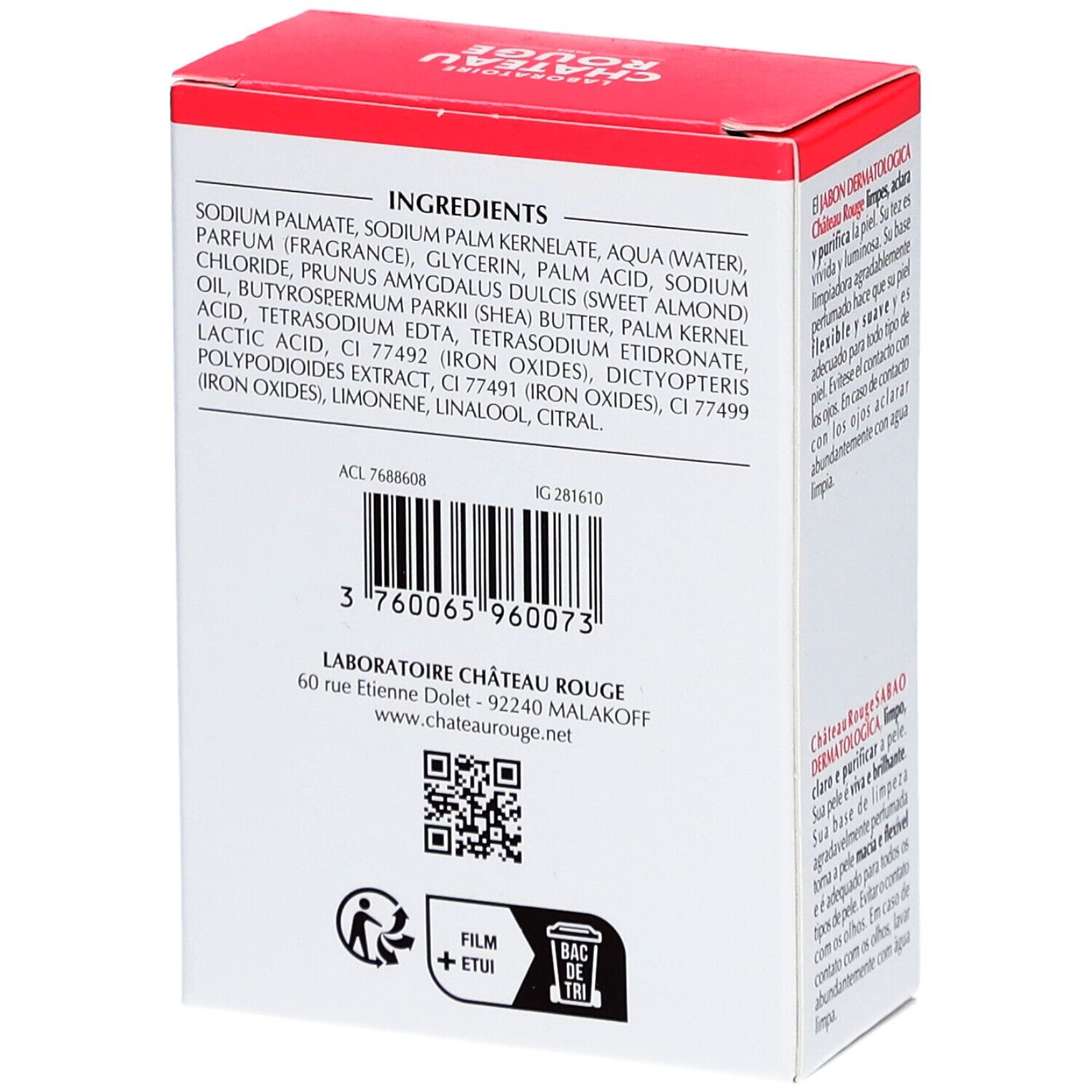 Dos d'une boîte blanche et rouge. Texte: INGREDIENTS, LABORATOIRE CHÂTEAU ROUGE, code-barres, symbole de recyclage.