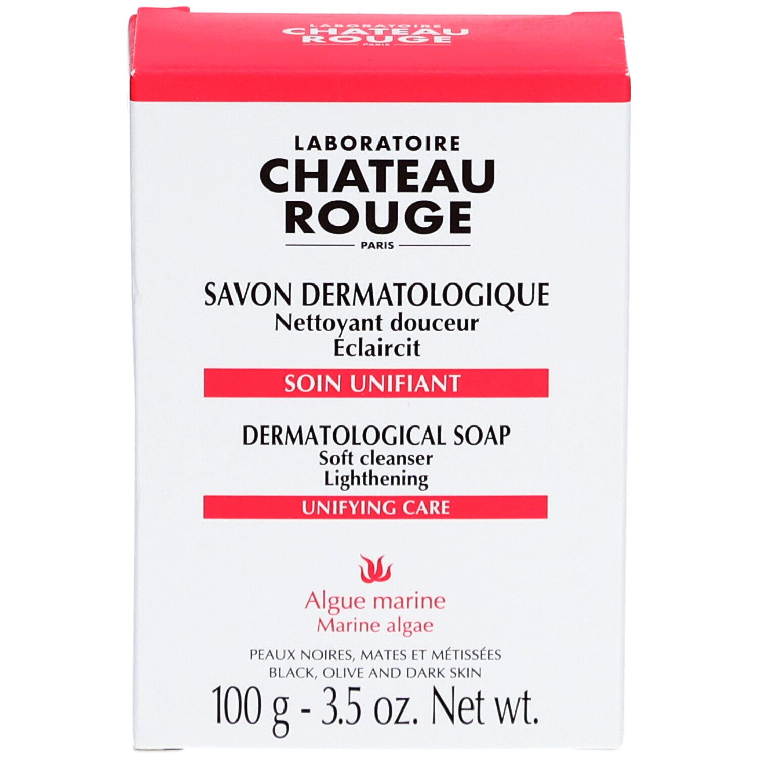 Boîte blanche et rouge. Inscription: LABORATOIRE CHÂTEAU ROUGE, SAVON DERMATOLOGIQUE, dermatologische Seife, 100g.