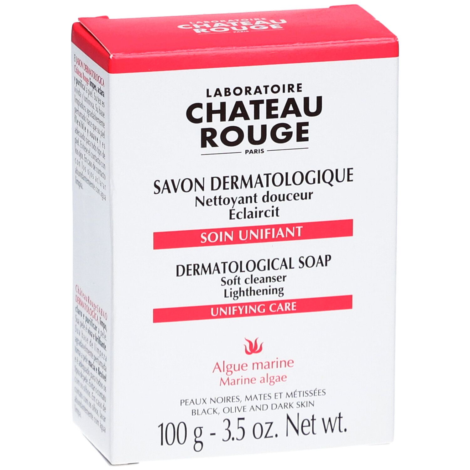 Boîte blanche et rouge. Inscription: LABORATOIRE CHÂTEAU ROUGE, SAVON DERMATOLOGIQUE, dermatologische Seife, 100g.