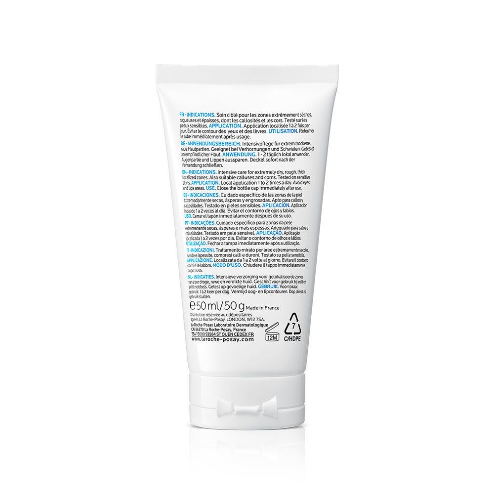 Dos du tube. Texte multilingue. Contenu : 50ml/50g. Symbole de recyclage.