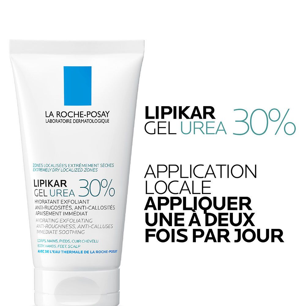 Tube blanc avec logo bleu. Inscription : Lipikar Gel Urea 30%. Texte : Application 1 à 2 fois par jour.