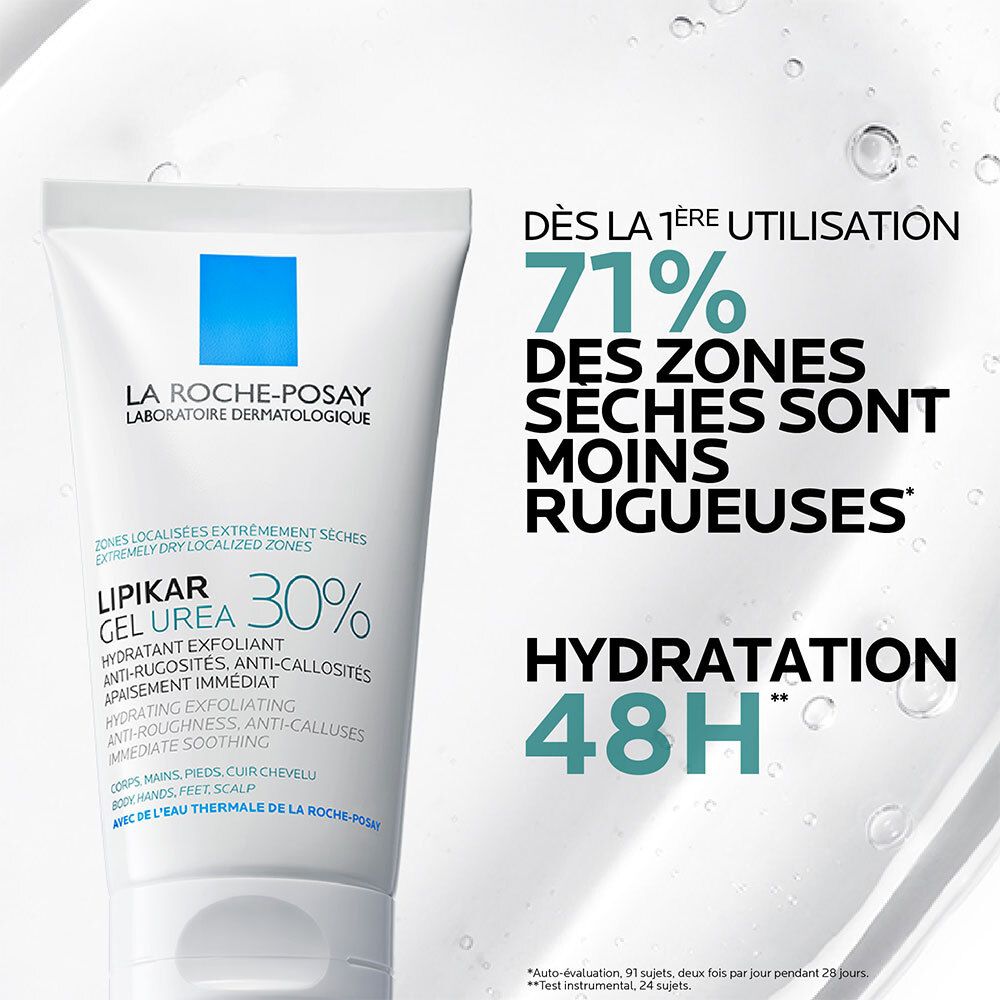 Tube blanc avec logo bleu. Inscription : Lipikar Gel Urea 30%. Texte : 71% de zones moins rugueuses dès la 1ère utilisation.