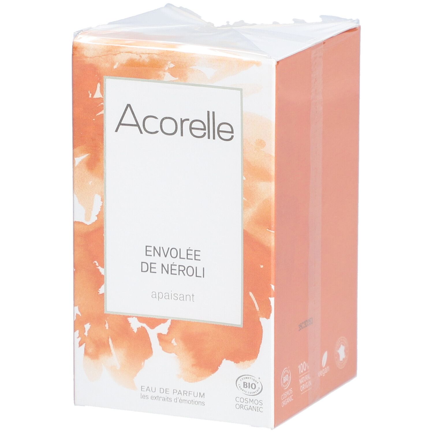Boîte Acorelle Eau de Parfum. Inscription: Envolée de Néroli, apaisant. Certification BIO.
