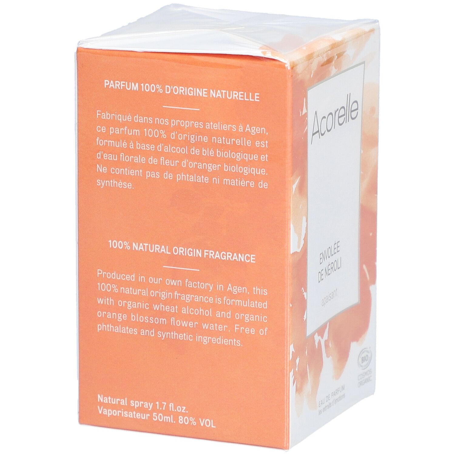 Emballage avec texte: 100% origine naturelle. Natural Spray 1.7 fl.oz. Vaporisateur 50ml. 80% VOL. Acorelle.