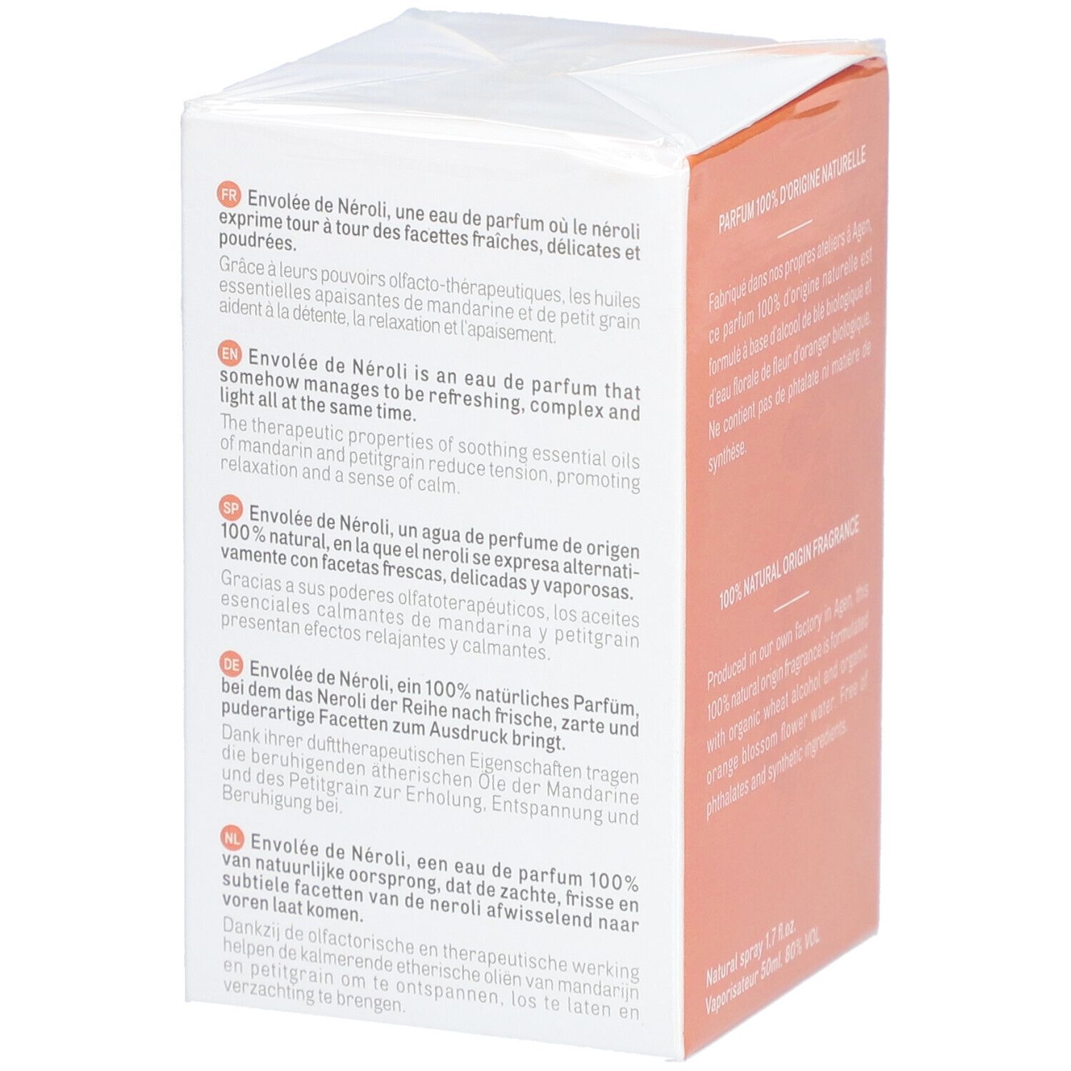 Emballage avec texte multilingue. Envolée de Néroli. 100% origine naturelle. Acorelle.
