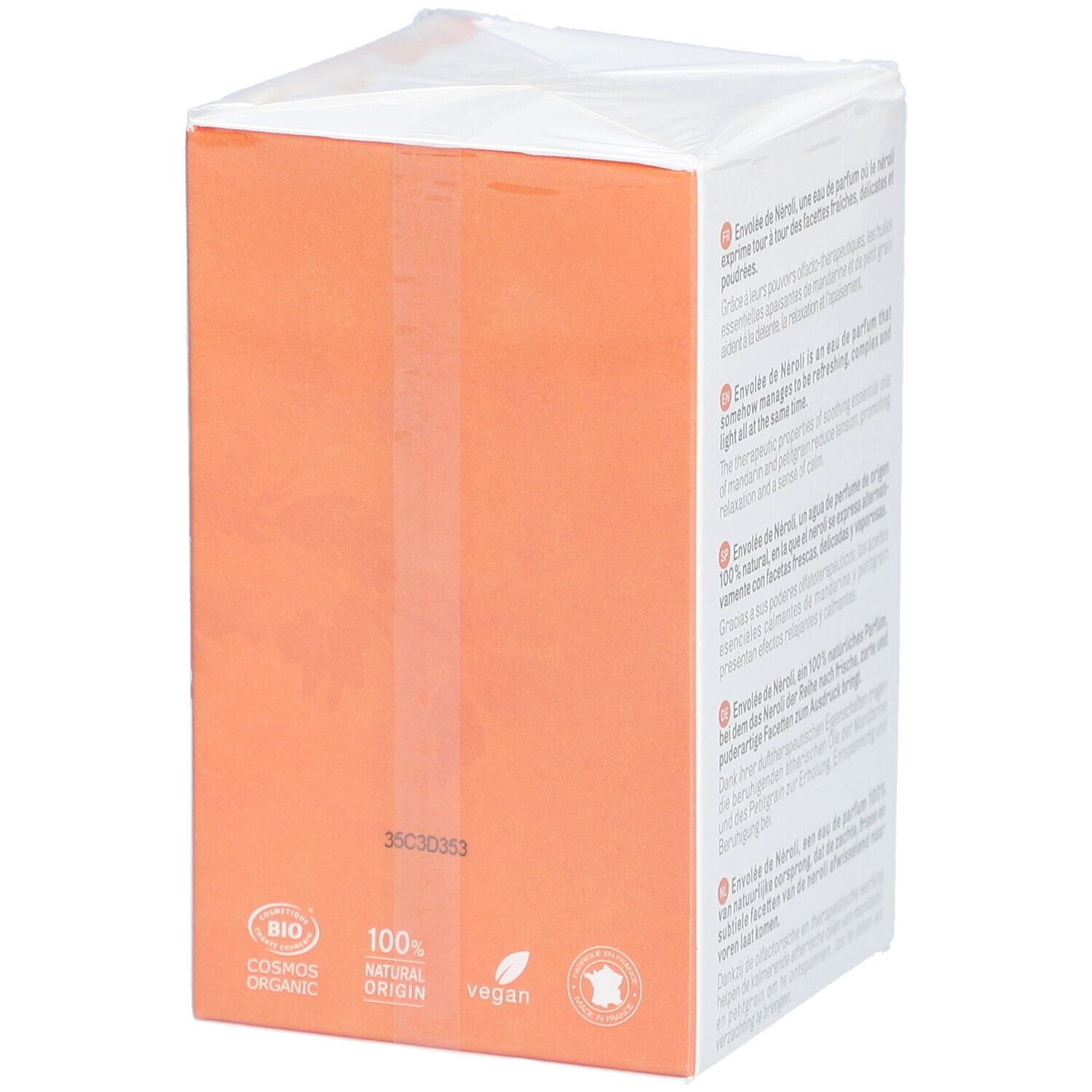 Emballage avec certification BIO, 100% origine naturelle et vegan. Acorelle.