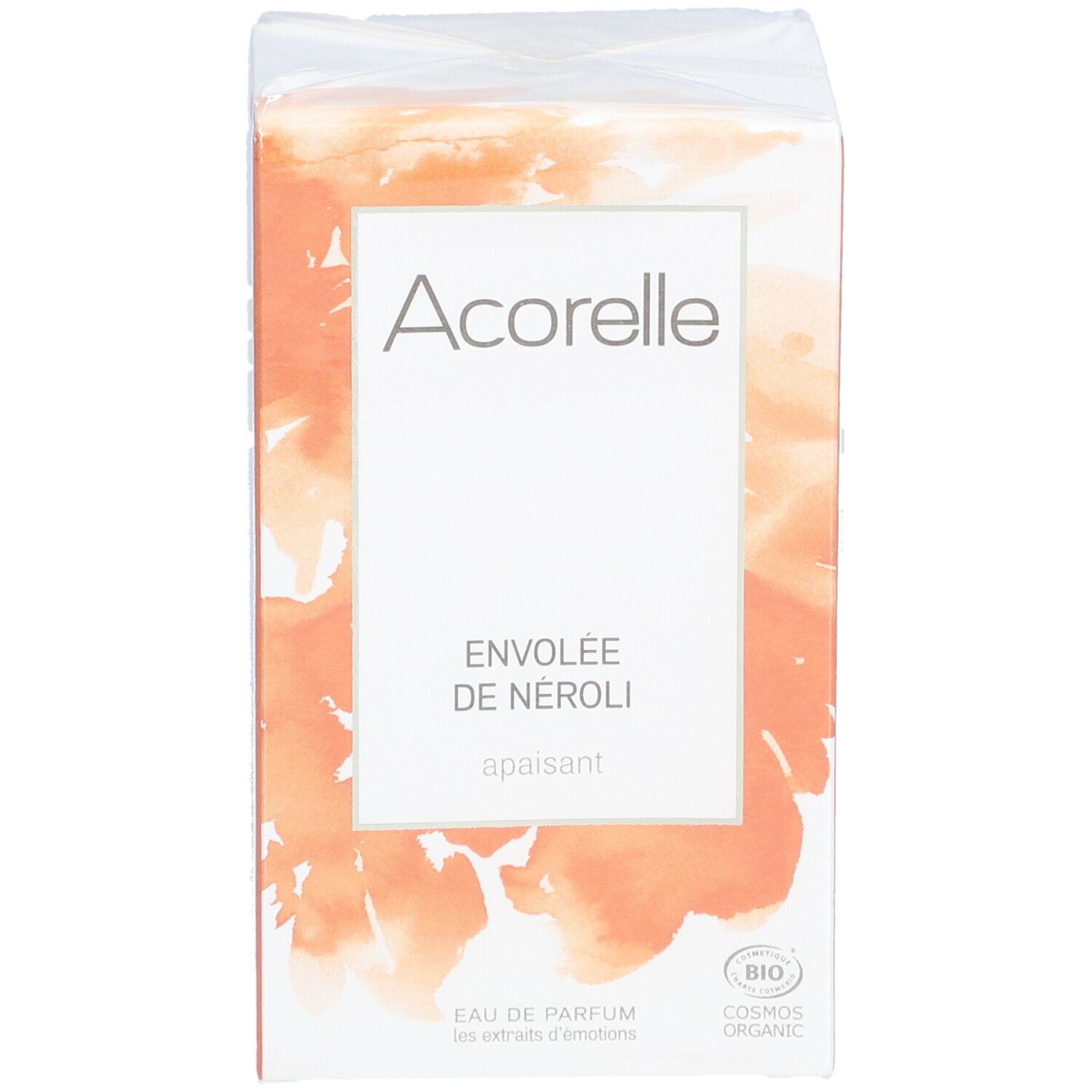 Boîte Acorelle Eau de Parfum. Inscription: Envolée de Néroli, apaisant. Certification BIO.