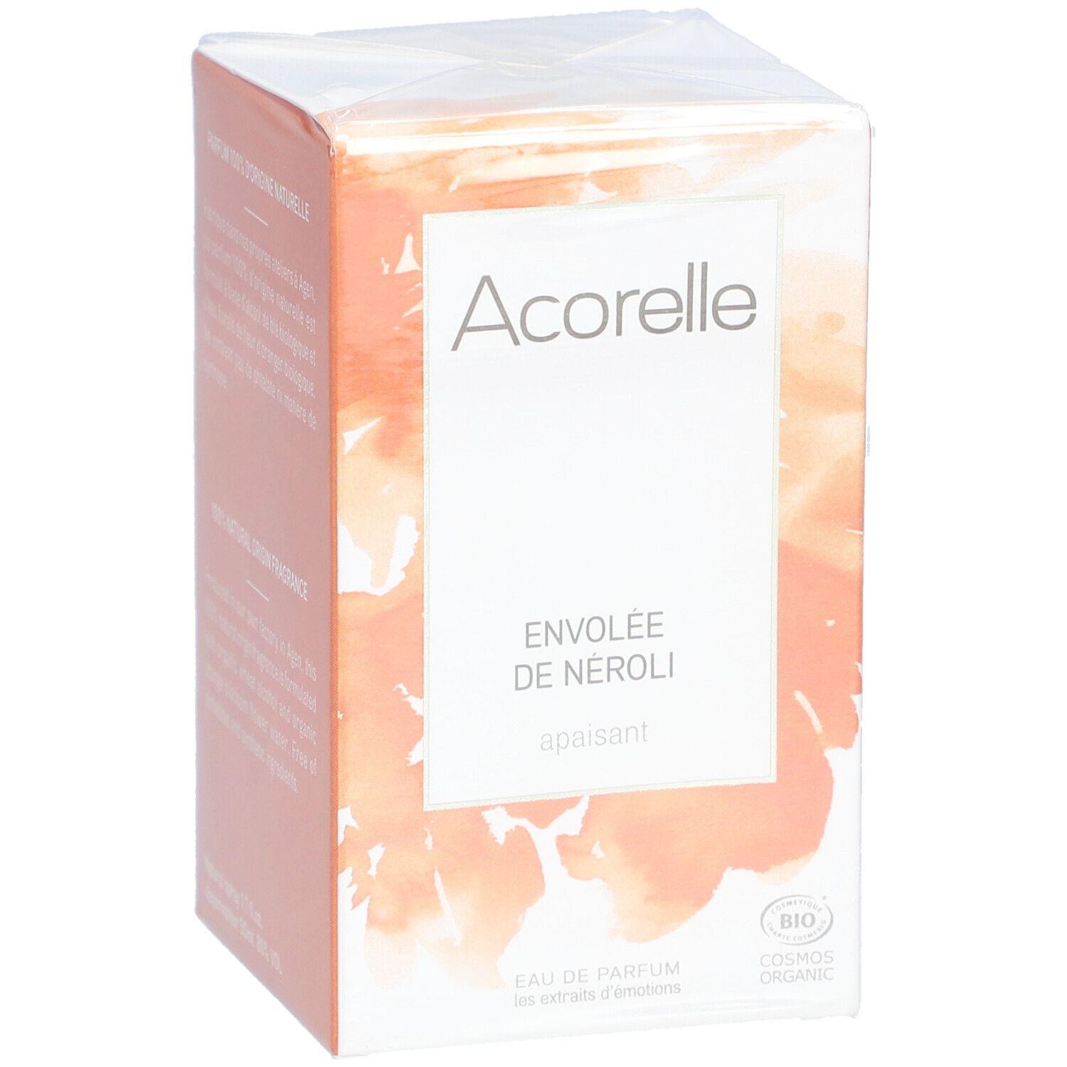 Boîte Acorelle Eau de Parfum. Inscription: Envolée de Néroli, apaisant. Certification BIO.