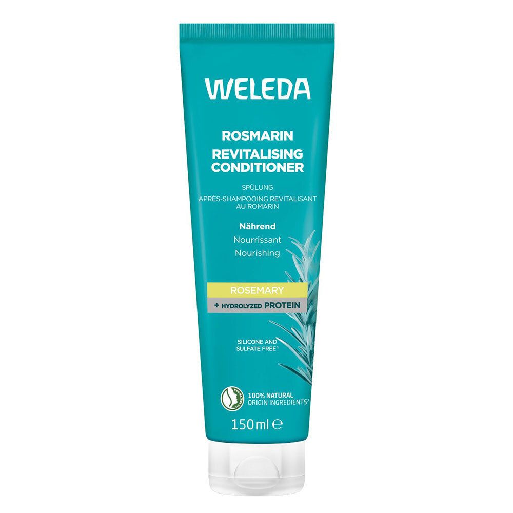 Tube Weleda Après-shampooing revitalisant au romarin. Vert et blanc, avec nom du produit et informations. 150ml.
