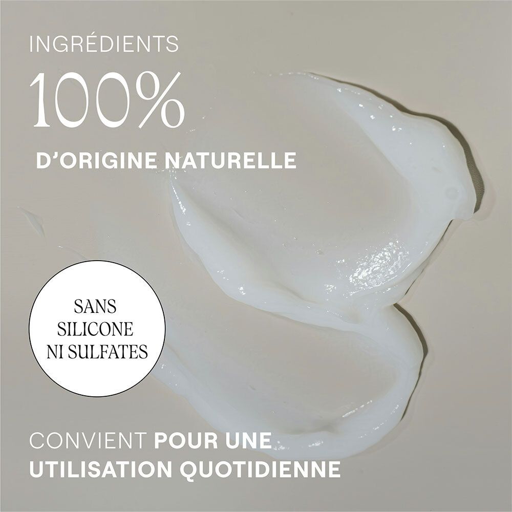 Crème douce sur fond clair. Texte: 100% d'origine naturelle. Sans silicone ni sulfates. Pour une utilisation quotidienne.