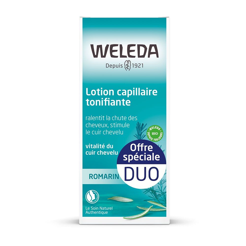 Weleda-Verpackung. Lotion capillaire tonifiante. Duo-Pack. Enthält Rosmarin. Bio-Siegel.