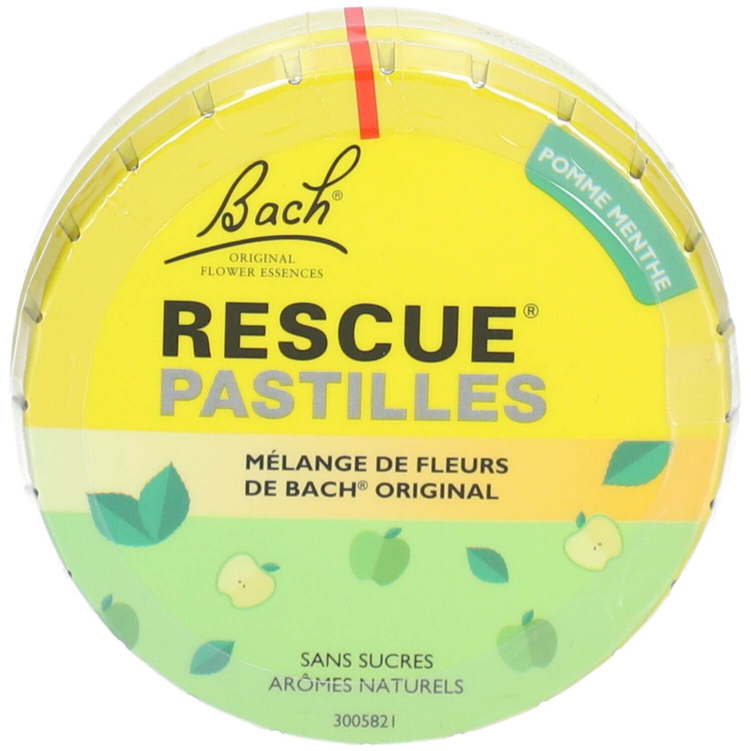 Runde Dose mit gelbem Deckel. Aufschrift: RESCUE Pastilles, Apfel Minze. Bach Original. Grün-gelbes Design mit Äpfeln und Blättern.