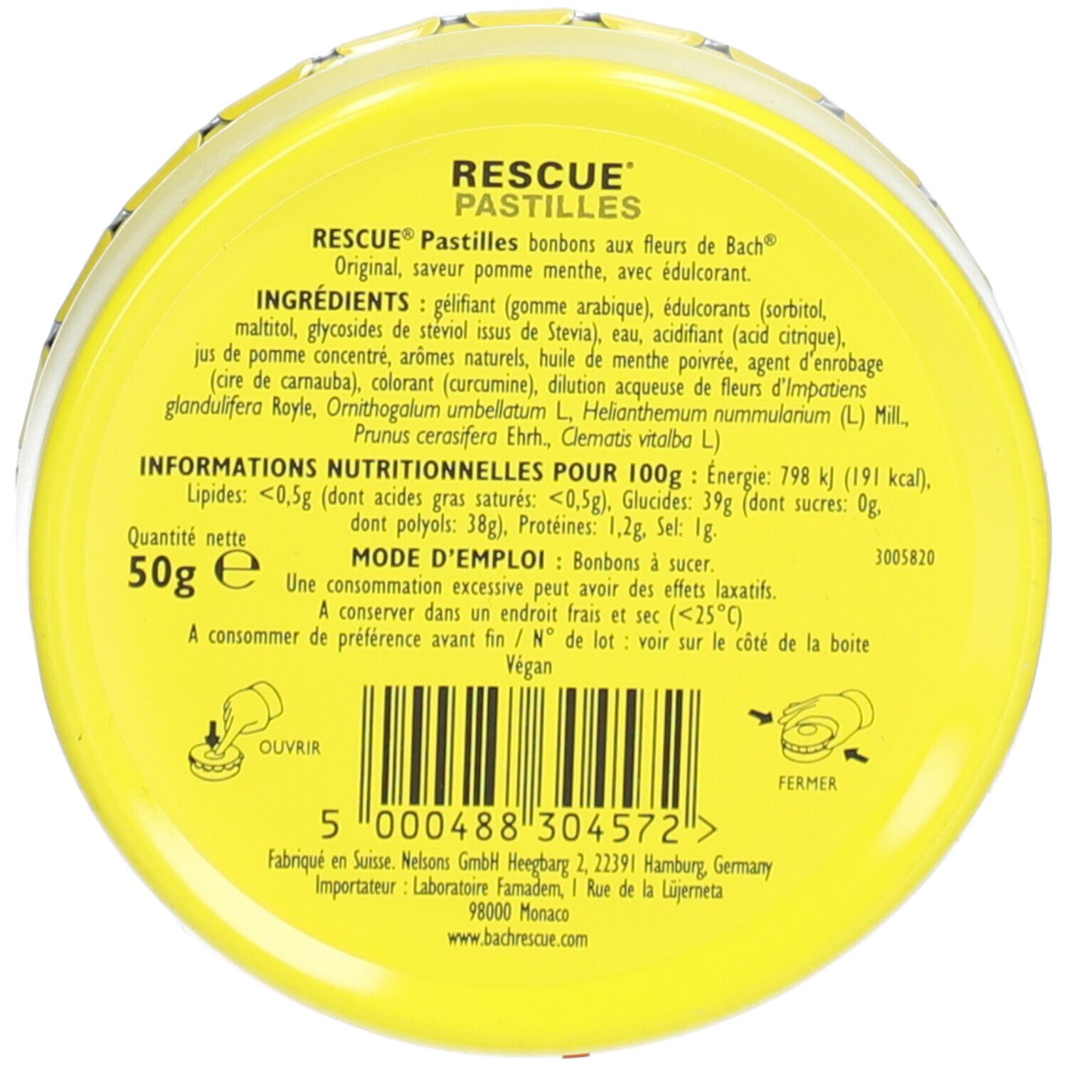Gelbe Dose mit Produktinformationen. Aufschrift: RESCUE Pastilles. Zutaten, Nährwertangaben, Gebrauchsanweisung. Vegan.