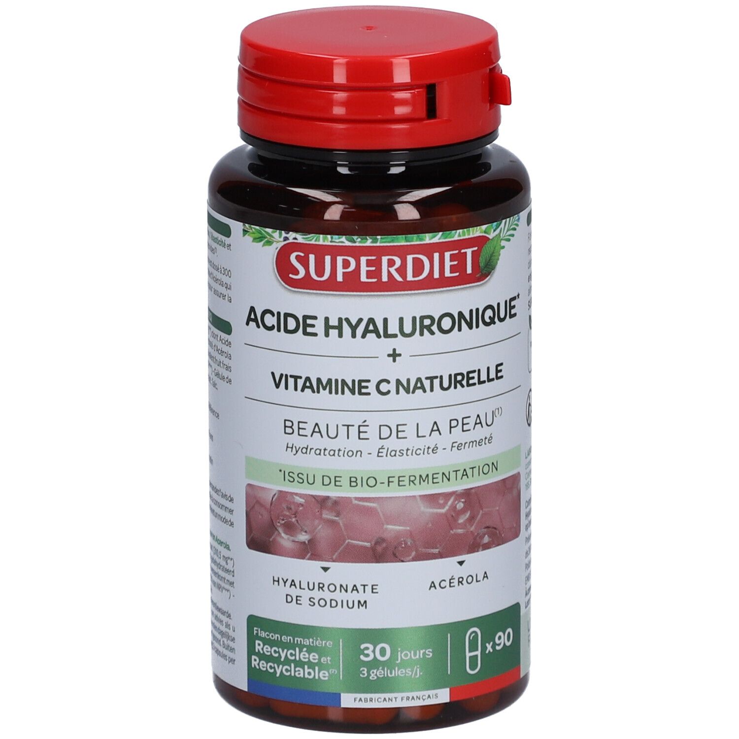 Braune Flasche mit rotem Deckel. Aufschrift: SUPERDIET, Acide Hyaluronique + Vitamine C naturelle. 90 Kapseln.